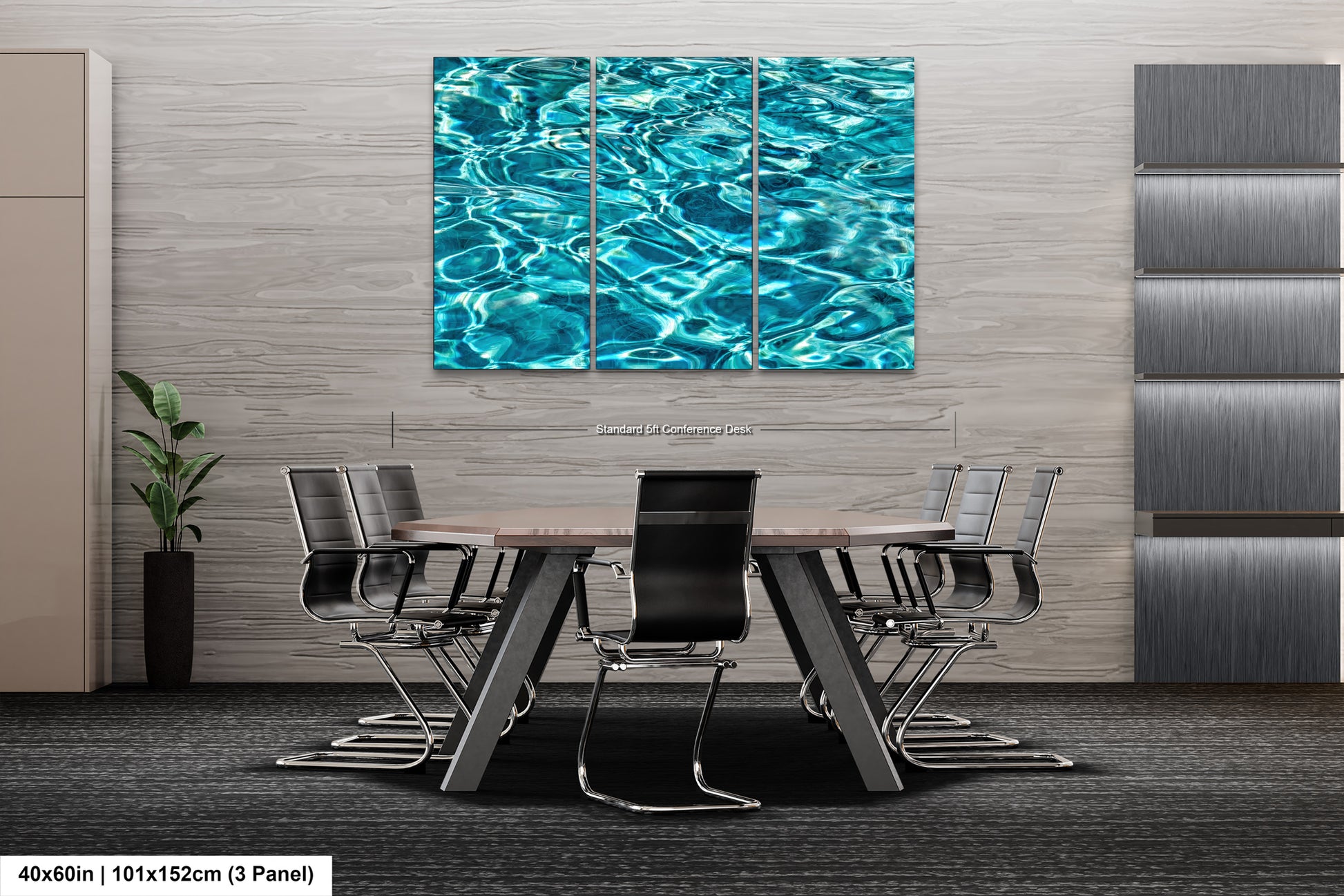 a modern office space with a large, abstract painting of water on the wall above a conference table surrounded by chairs.