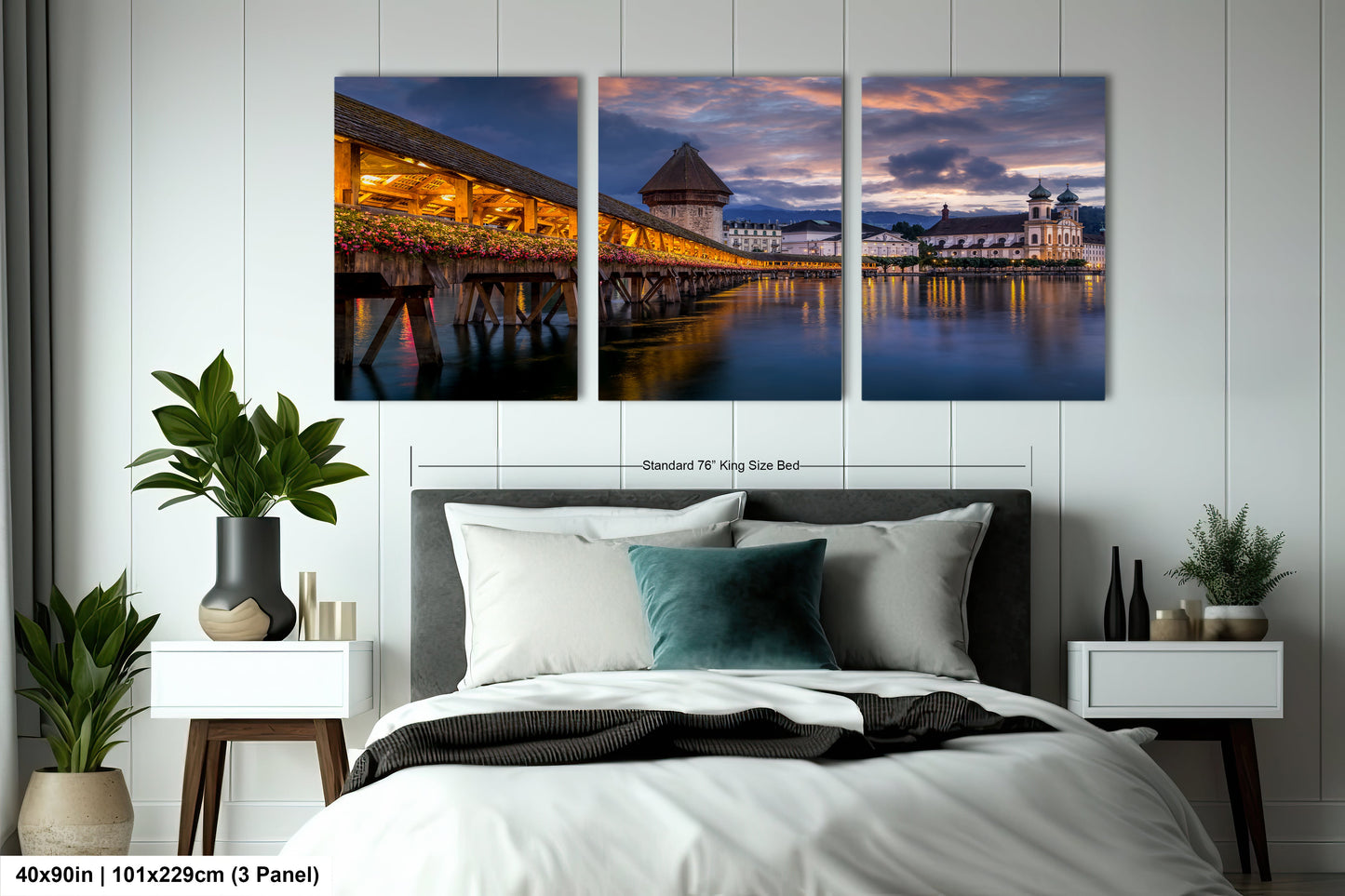 a bed room with a neatly made bed and two paintings on the wall