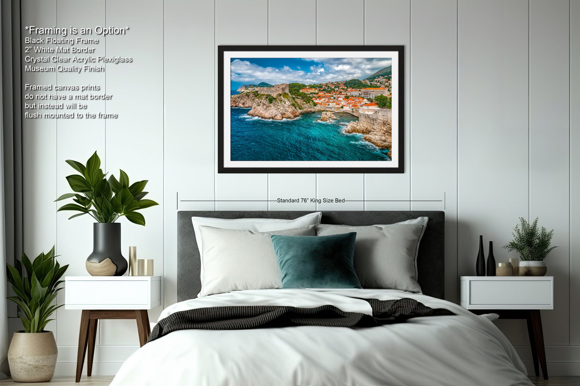 a bedroom with a bed and a picture on the wall