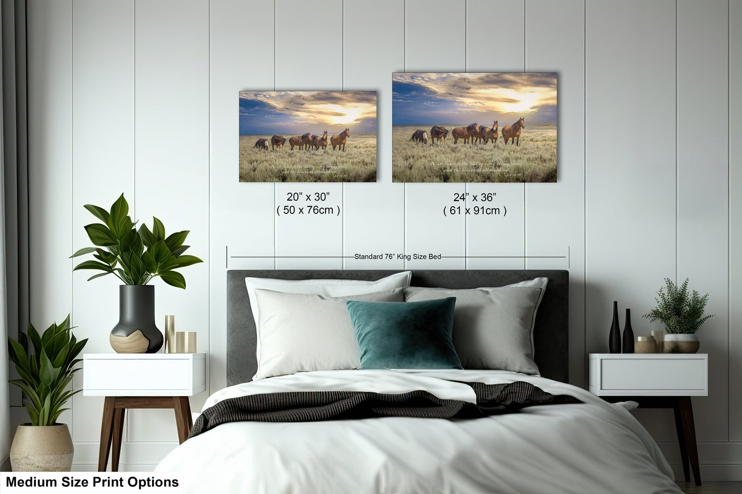 a bedroom with two pictures of horses on the wall