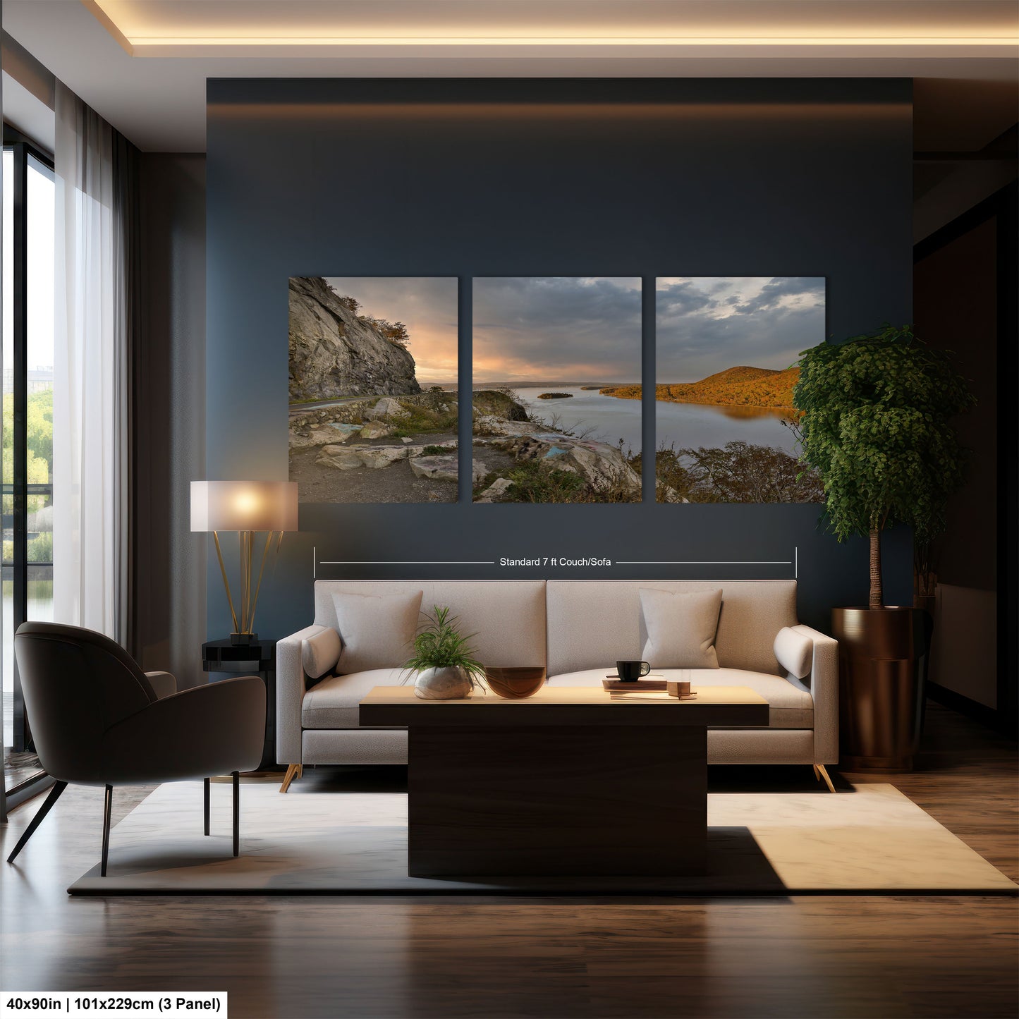 a living room filled with furniture and a painting on the wall