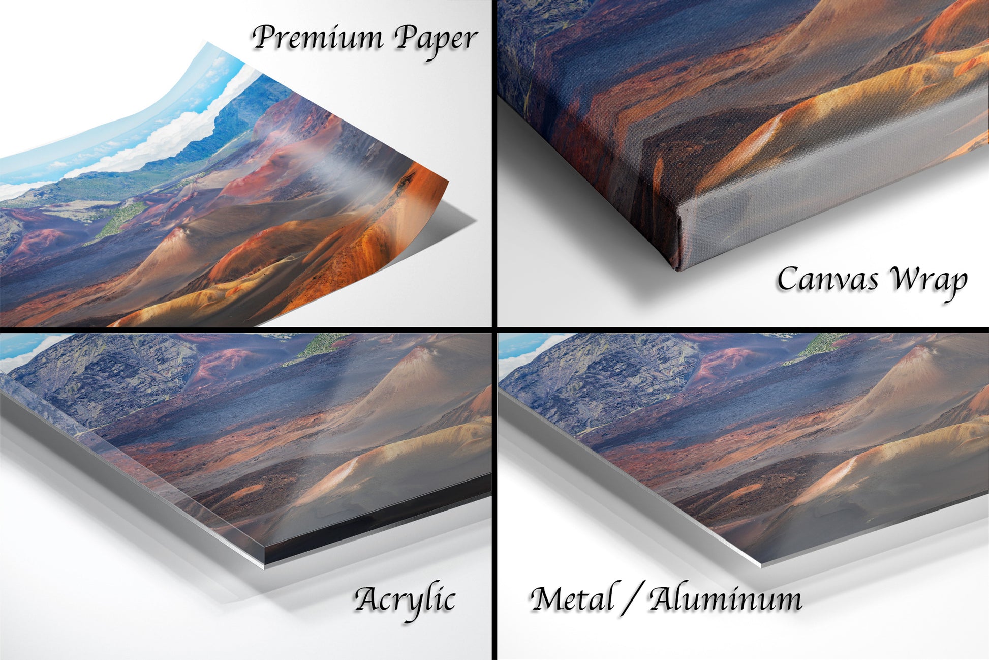 The image is a collage of four different views of a landscape photograph, including a close-up of the paper, a canvas wrap, an acrylic print, and a metal/aluminum print.
