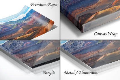 The image is a collage of four different views of a landscape photograph, including a close-up of the paper, a canvas wrap, an acrylic print, and a metal/aluminum print.