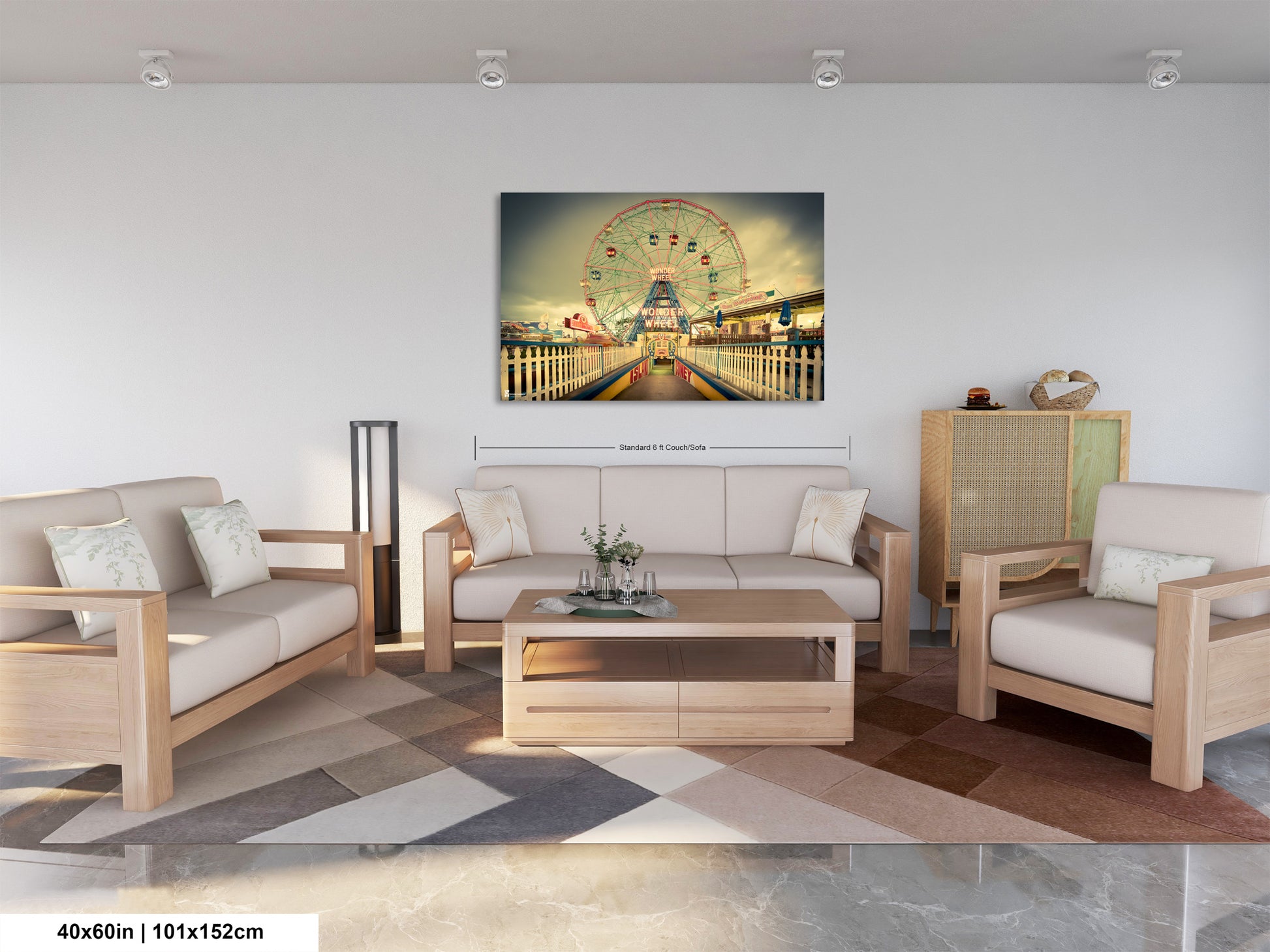 a living room filled with furniture and a painting on the wall