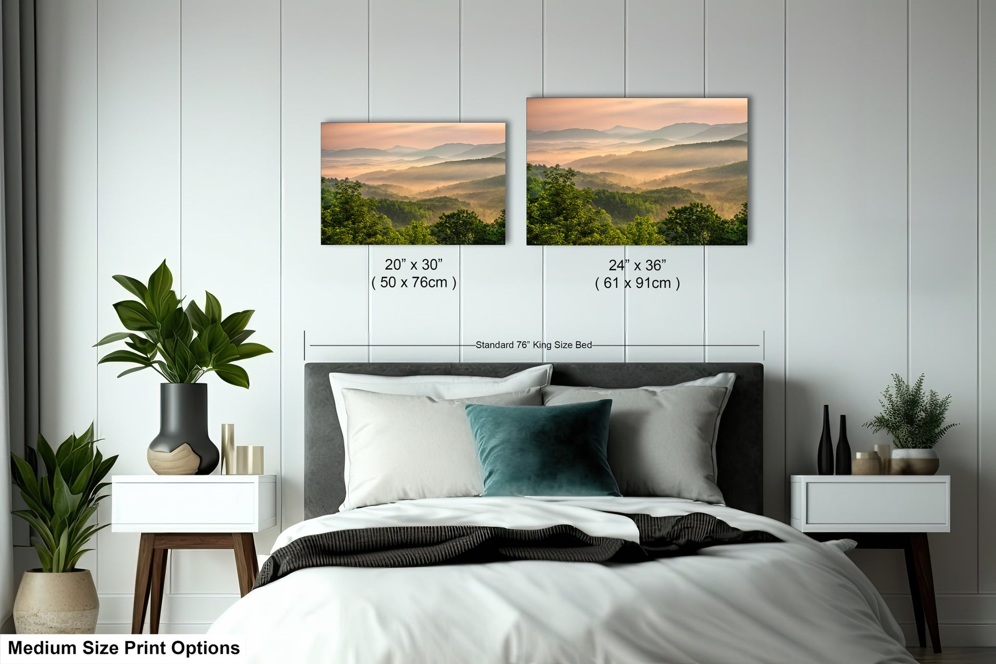 a bedroom with a bed and two pictures on the wall