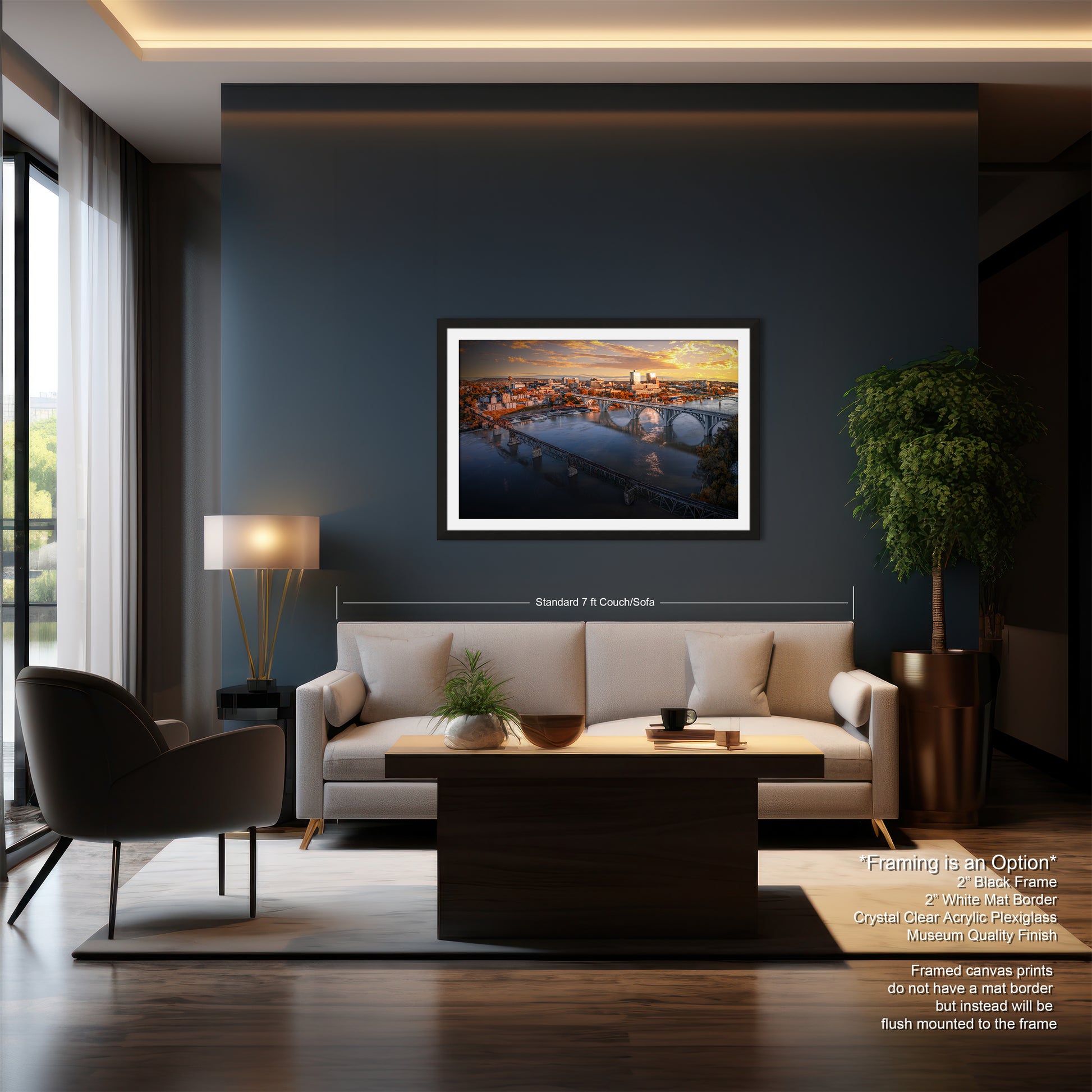 a living room with a couch a chair and a painting on the wall