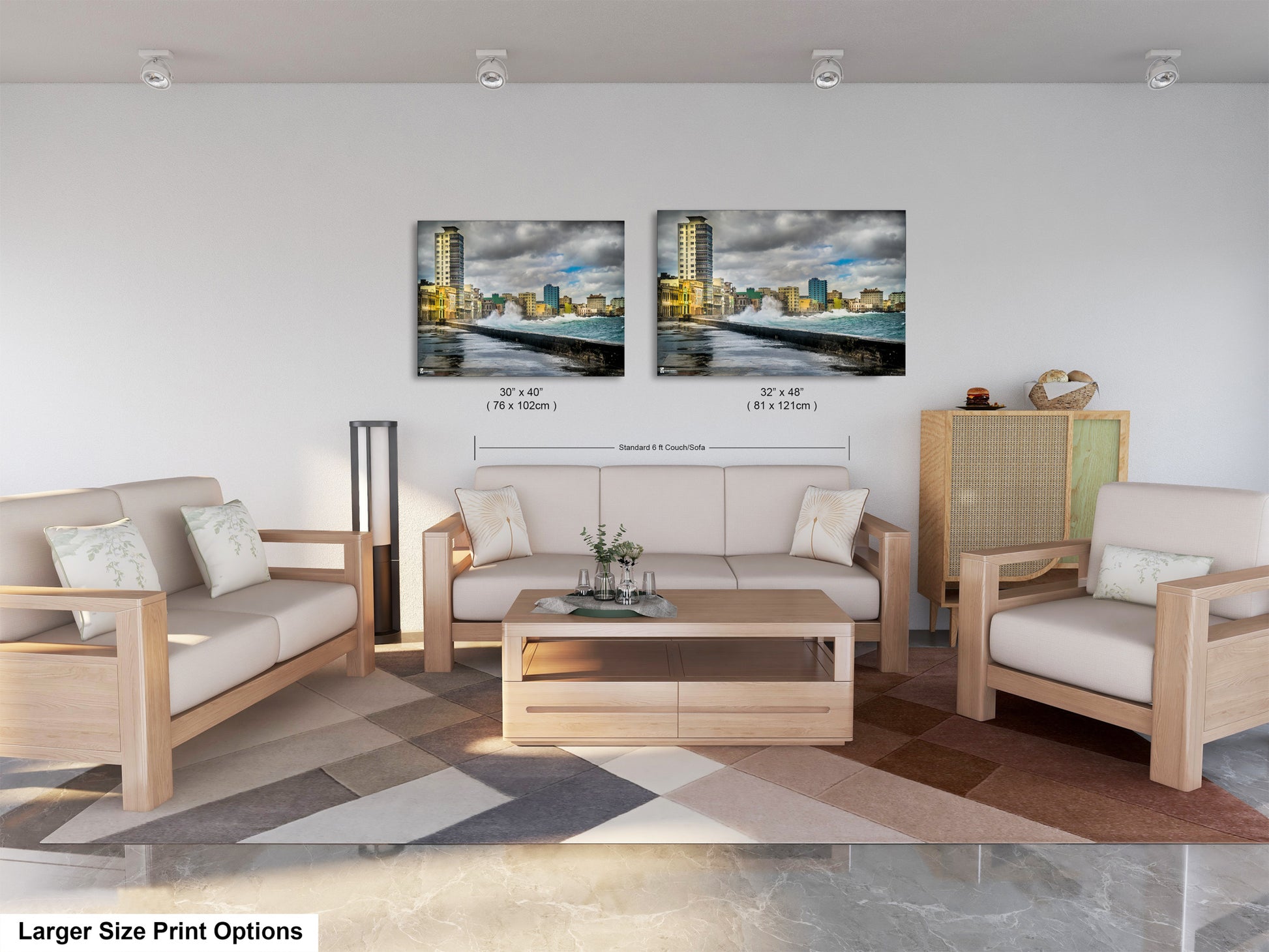 a living room filled with furniture and a painting on the wall