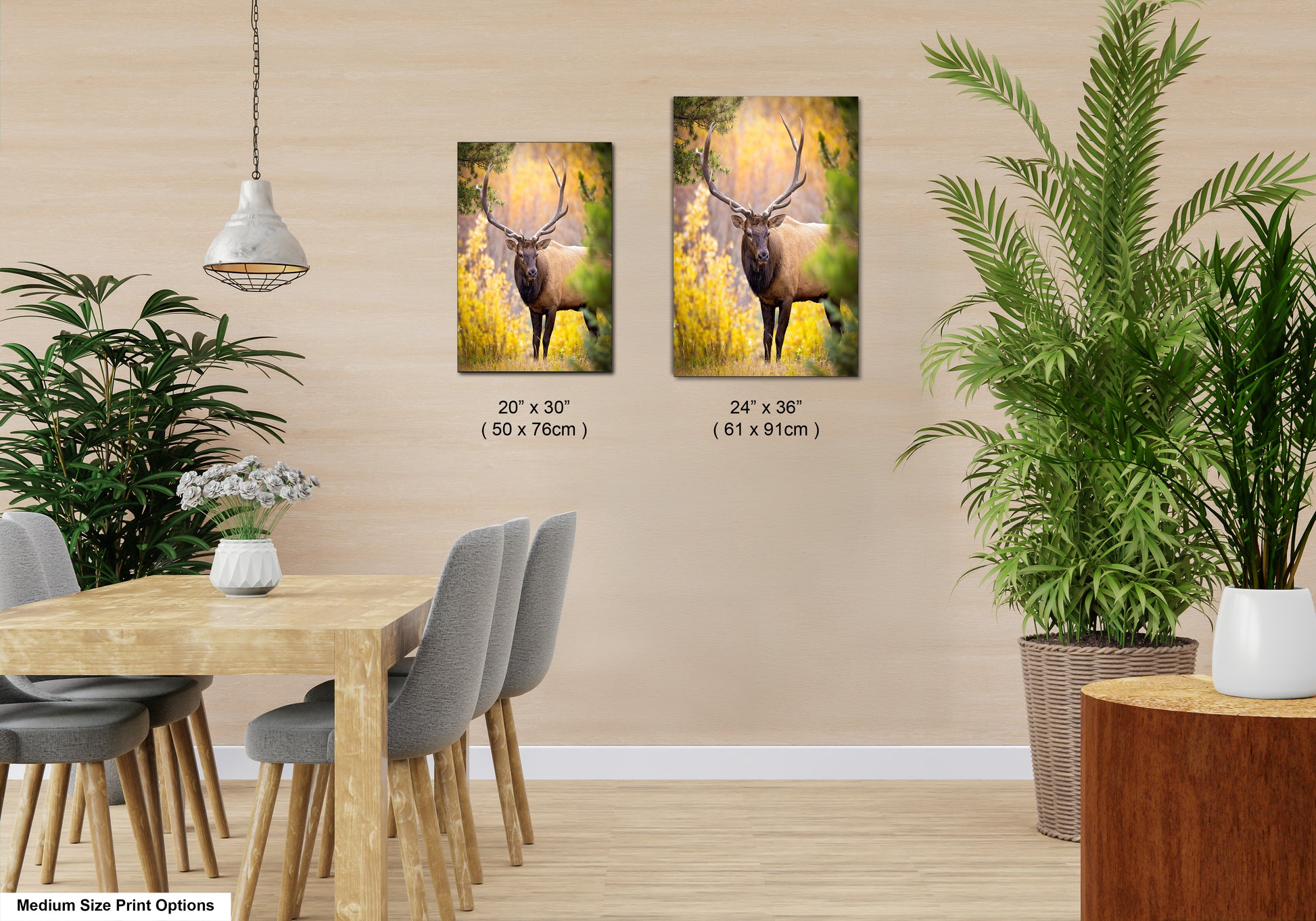 a dining room table with chairs and a painting of a deer