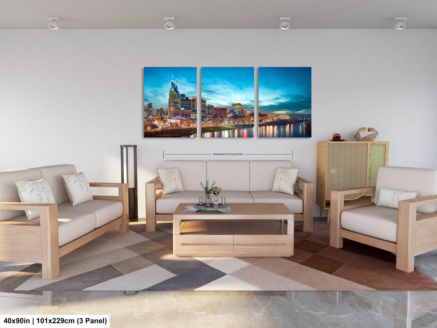 a living room filled with furniture and a painting on the wall