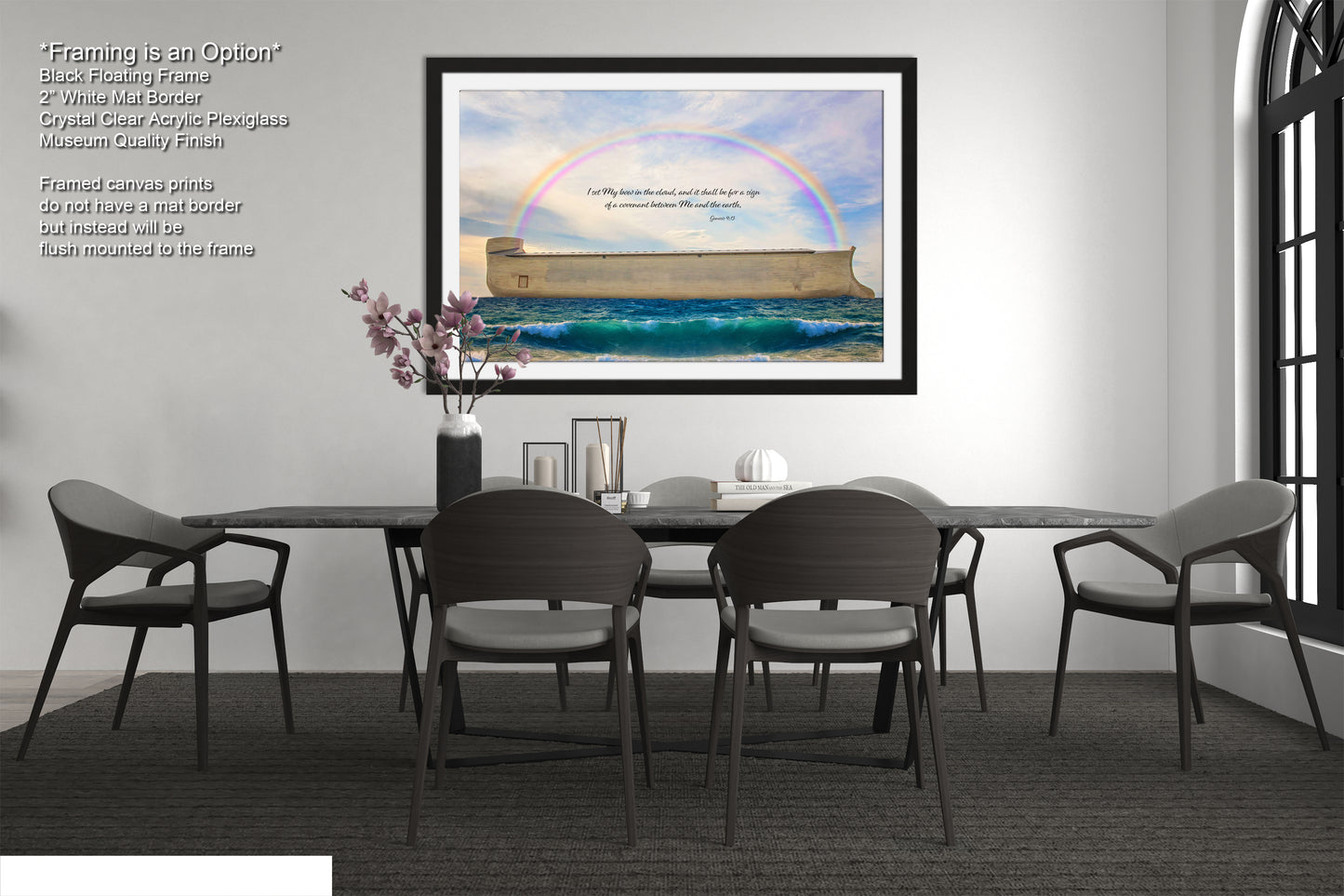 a dining room with a table and chairs with a rainbow in the background
