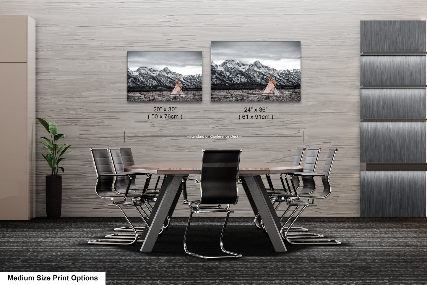 a dining room table with four chairs and two pictures on the wall