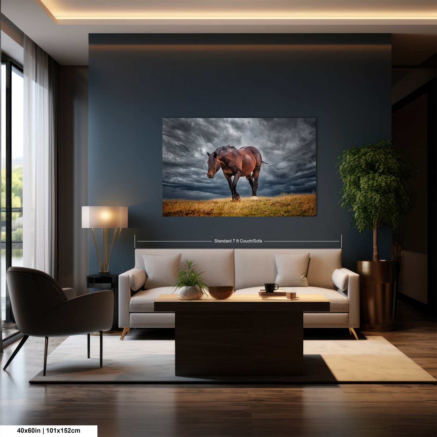a living room with a couch and a painting on the wall