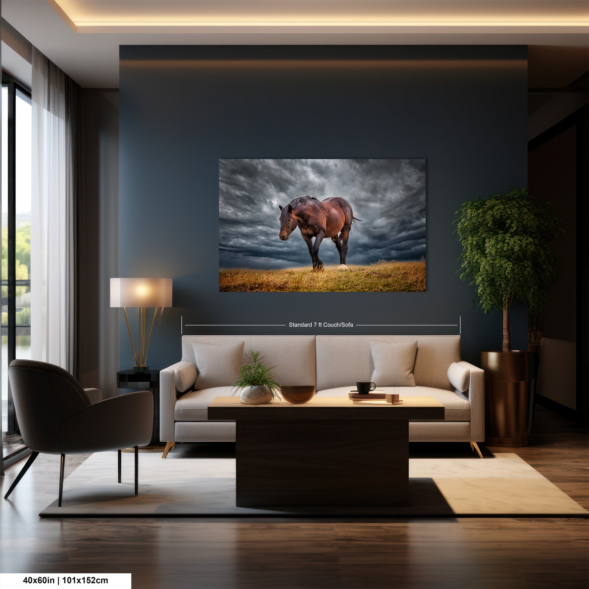 a living room with a couch and a painting on the wall