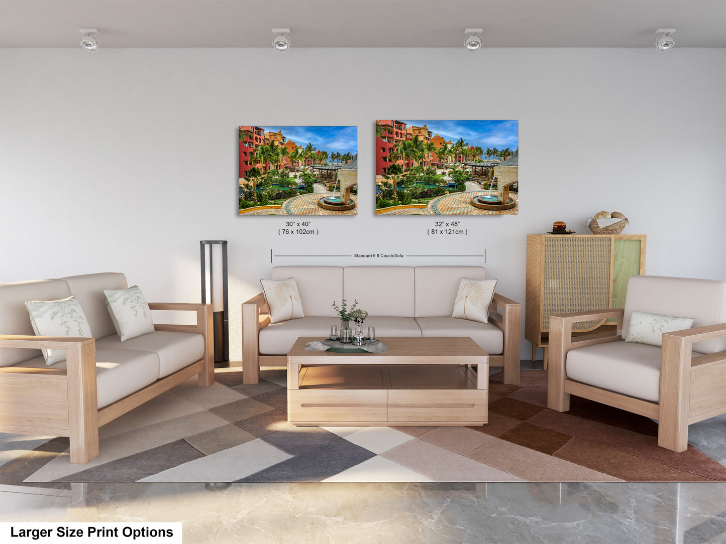 a living room with two paintings on the wall