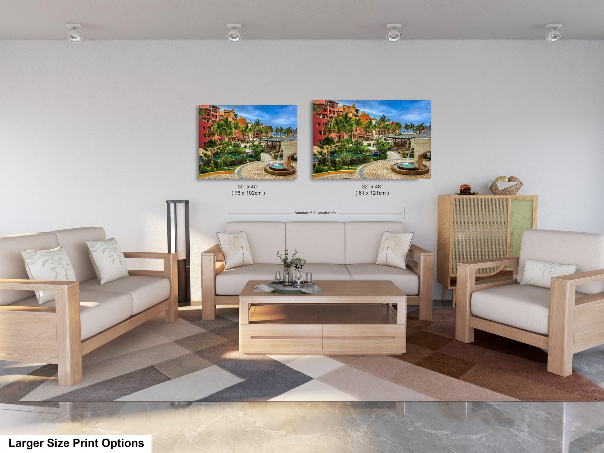 a living room with two paintings on the wall