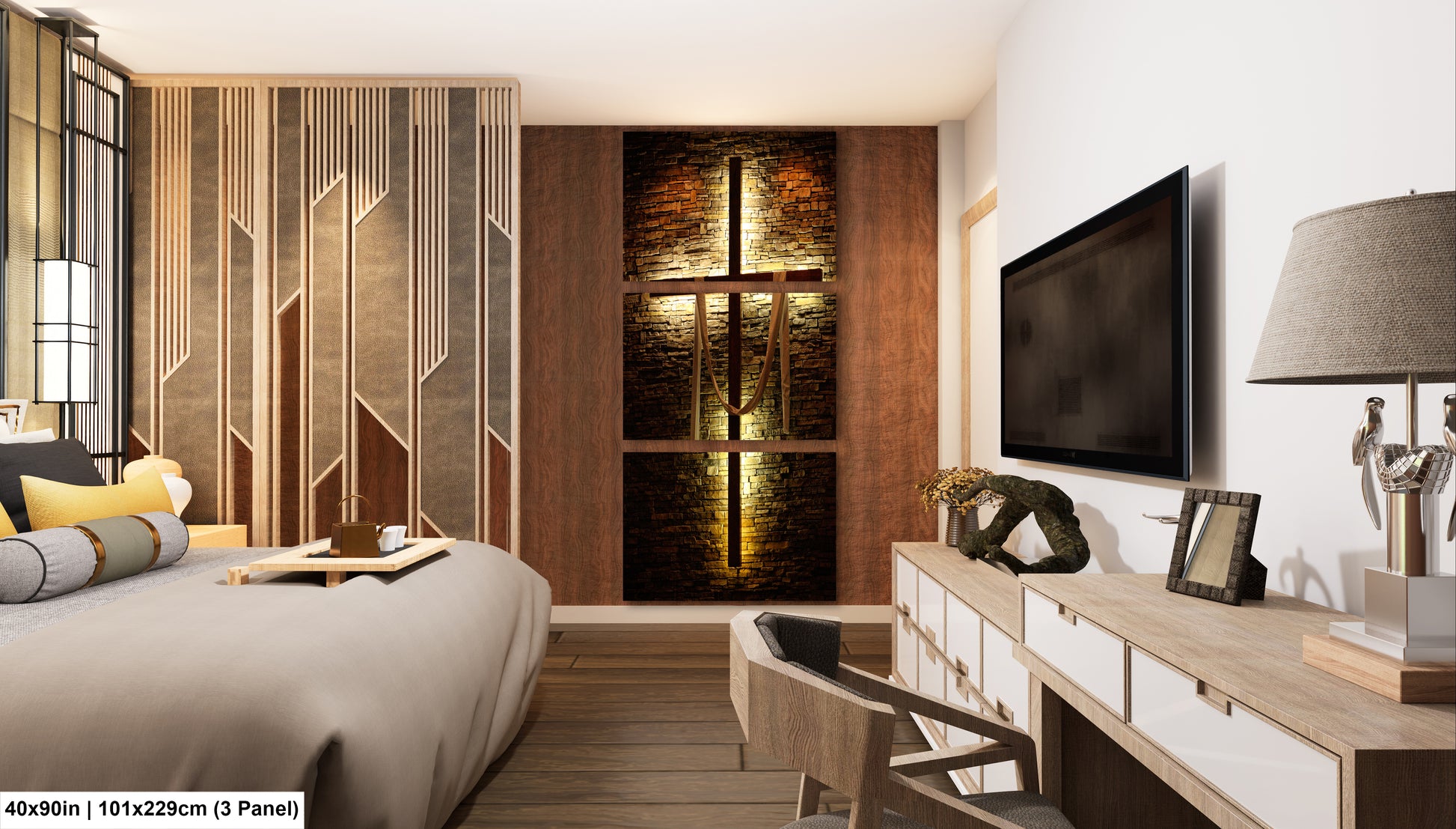 a bed room with a neatly made bed and a flat screen tv