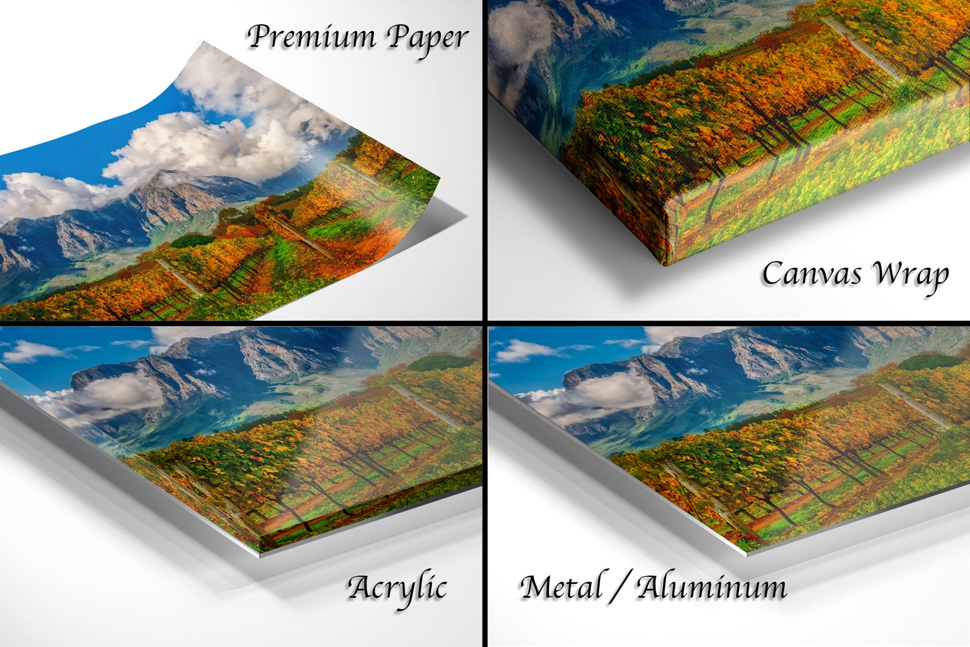 a series of four photos of a mountain range
