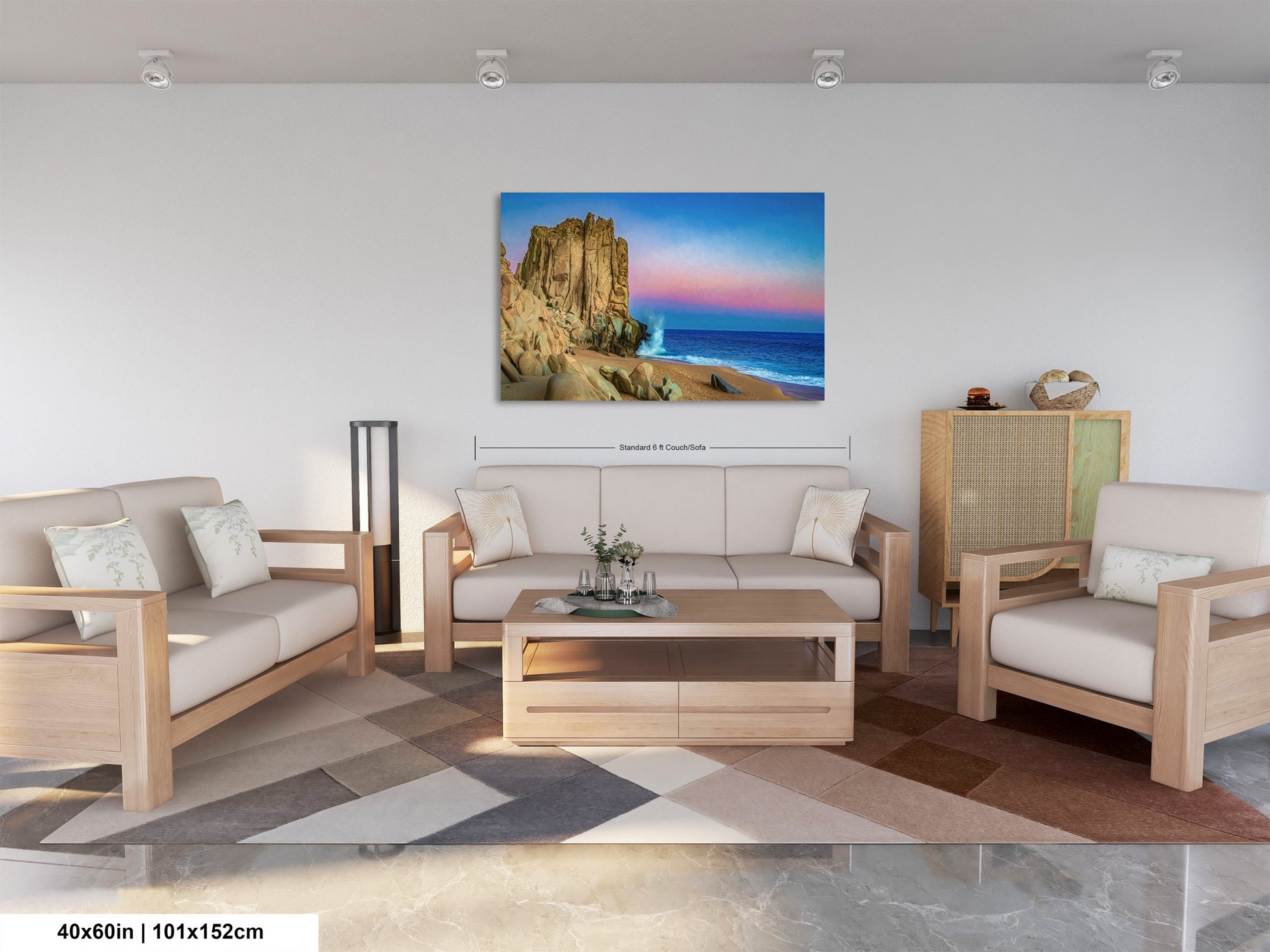 a living room filled with furniture and a painting on the wall