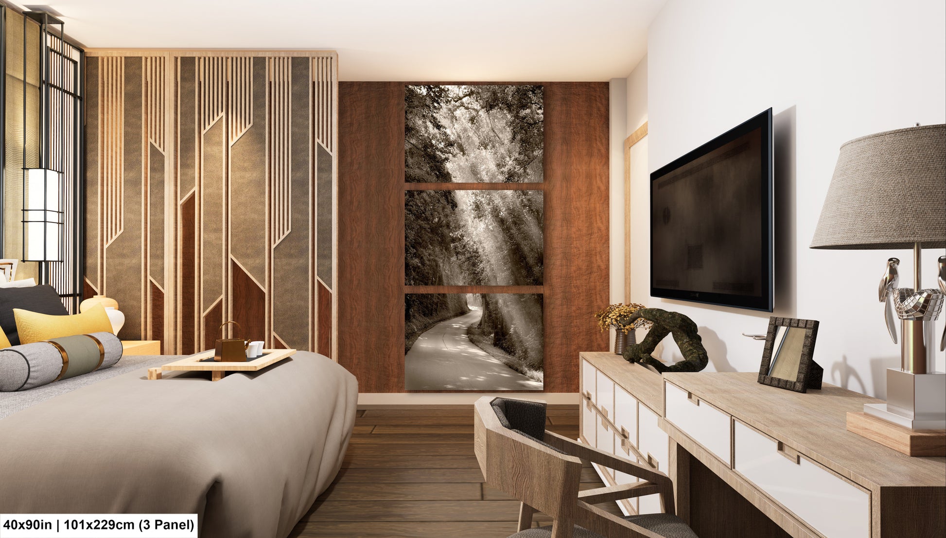 a hotel room with a bed, desk and television