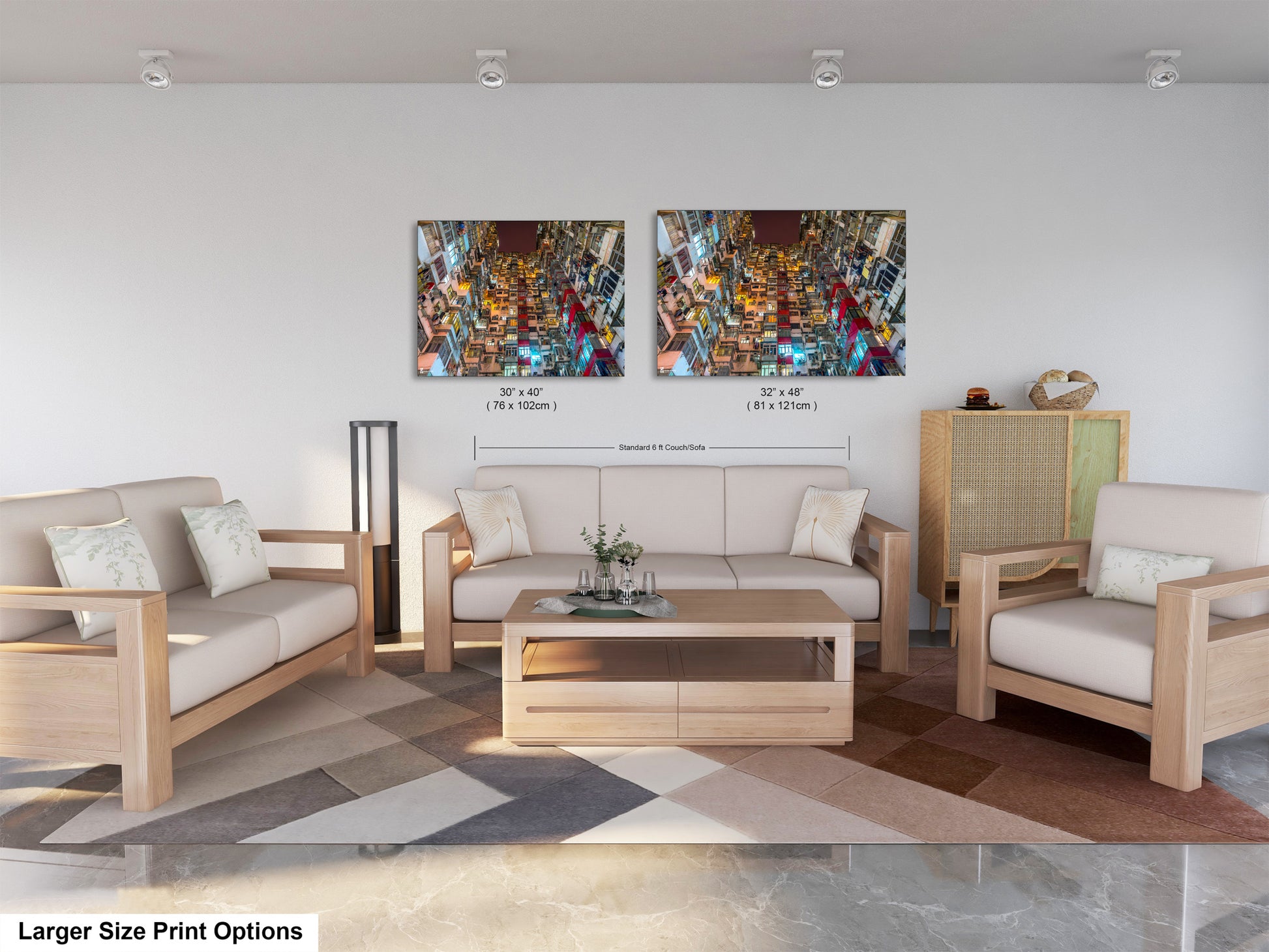 a living room filled with furniture and a painting on the wall