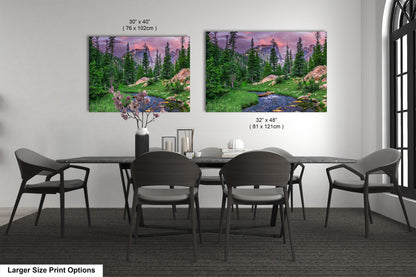 a dining room table with four chairs and a painting on the wall