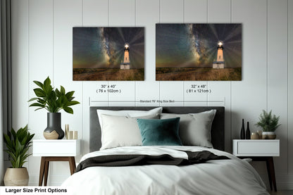 a bed with two pictures of lighthouses on the wall above it
