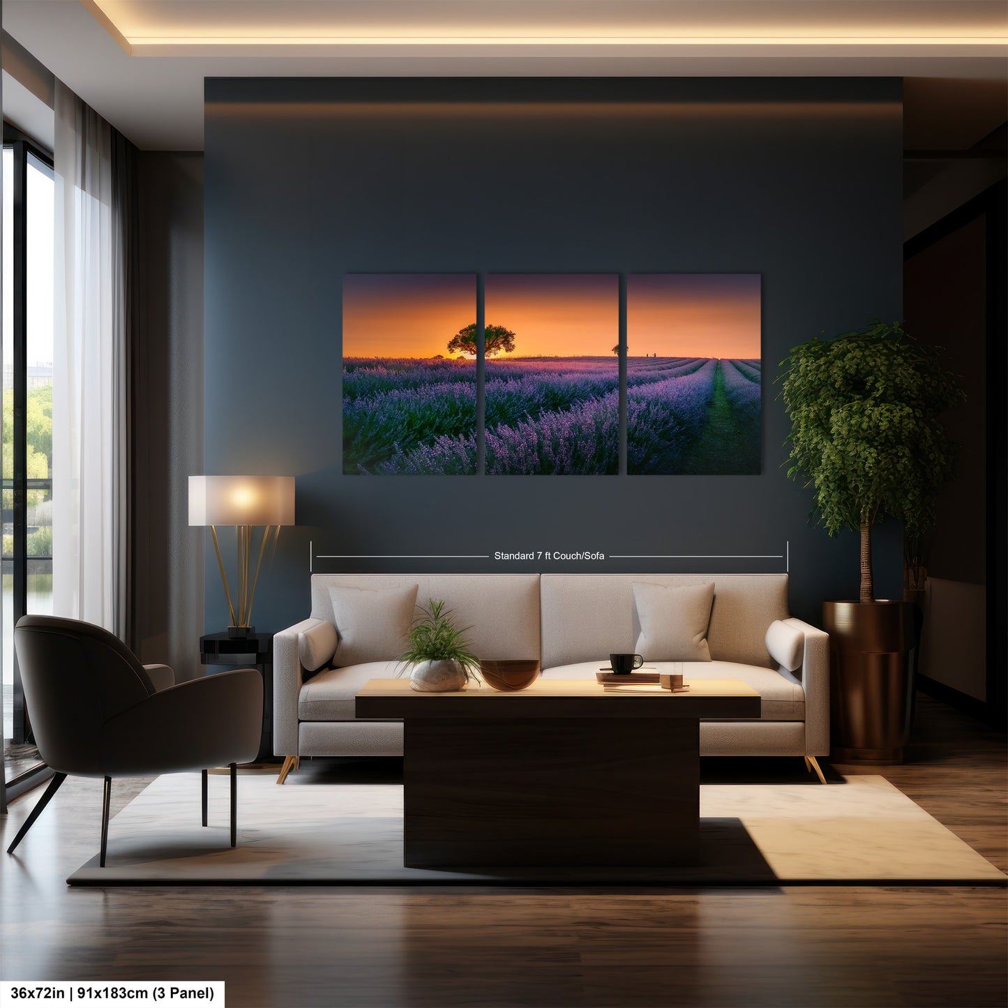 a living room with a couch a table and a painting on the wall