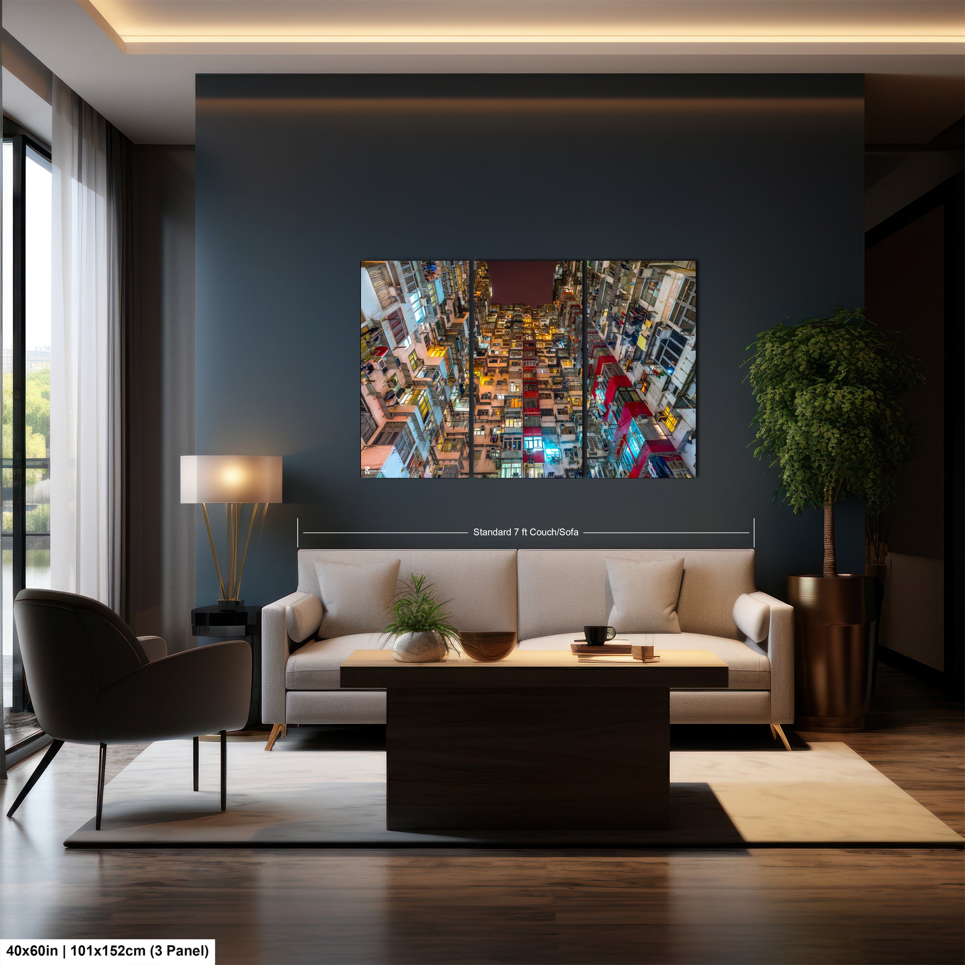 a living room with a couch a table and a painting on the wall