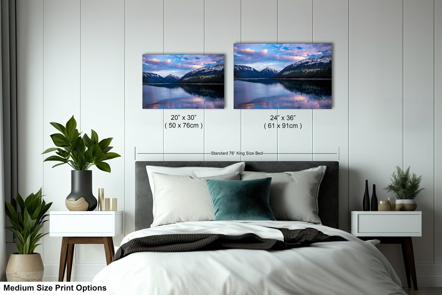 a bed room with a neatly made bed and two pictures on the wall