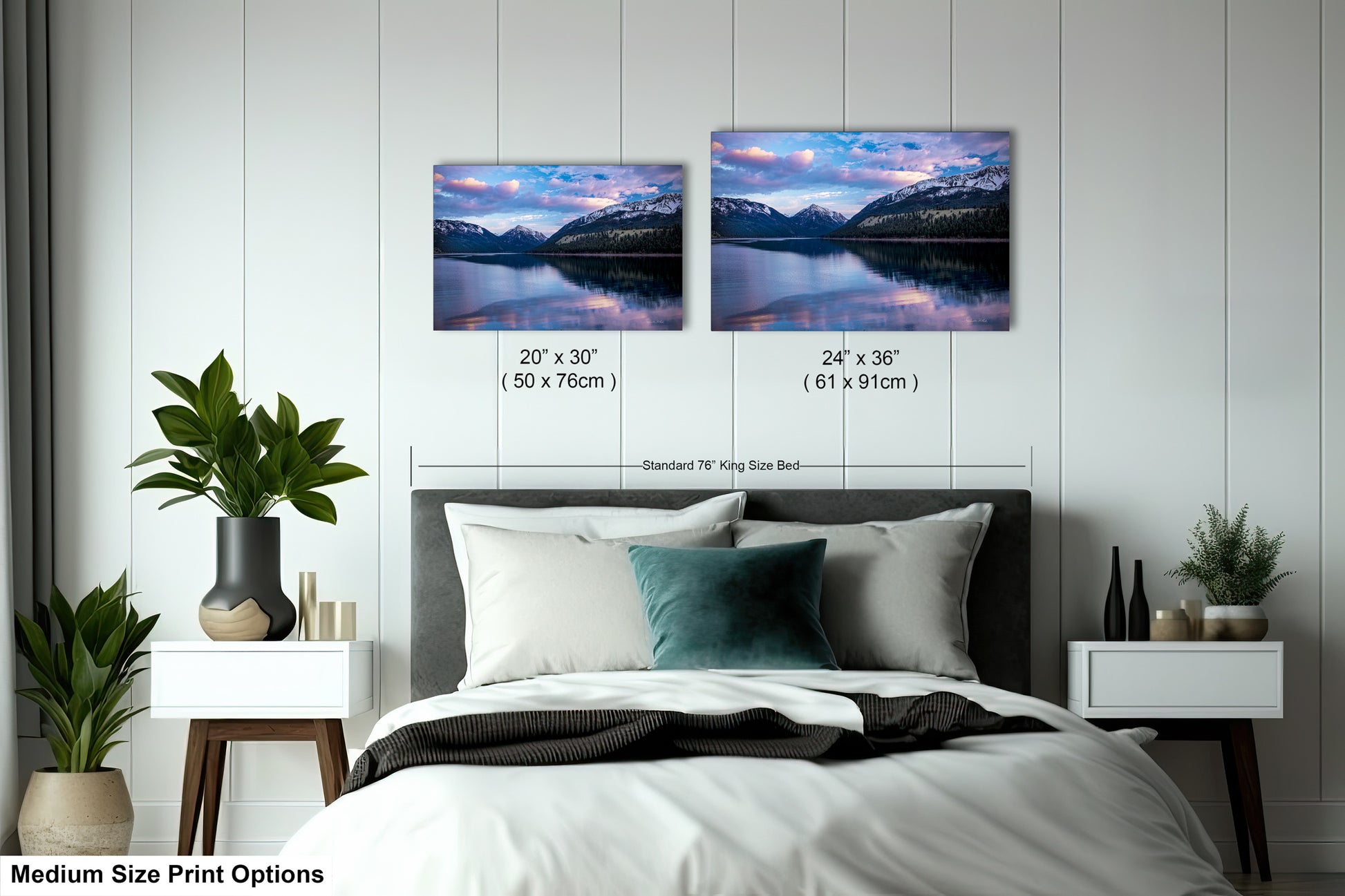 a bed room with a neatly made bed and two pictures on the wall