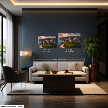 a living room with a couch and two pictures on the wall