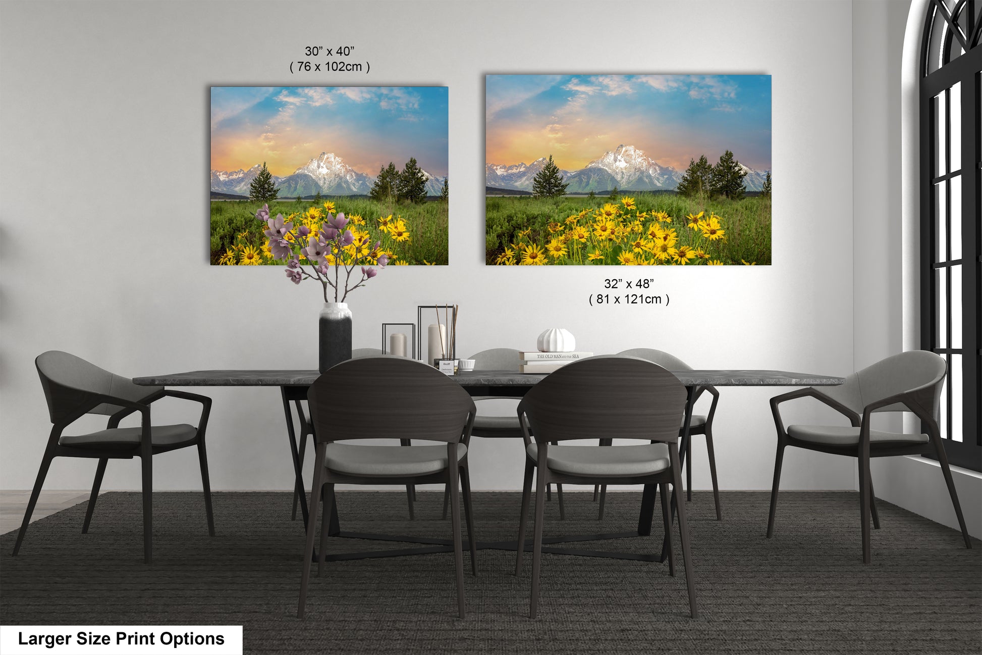 a dining room table with chairs and a vase of flowers