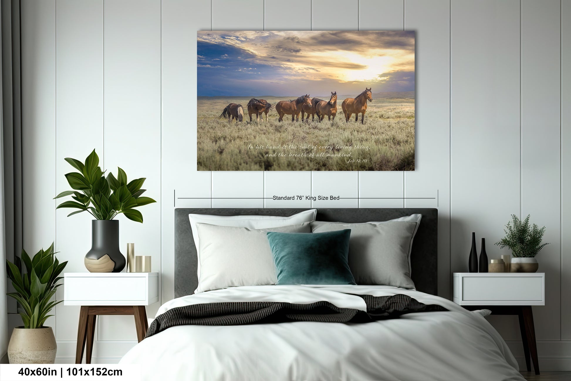 a bedroom with a bed and a picture of horses on the wall