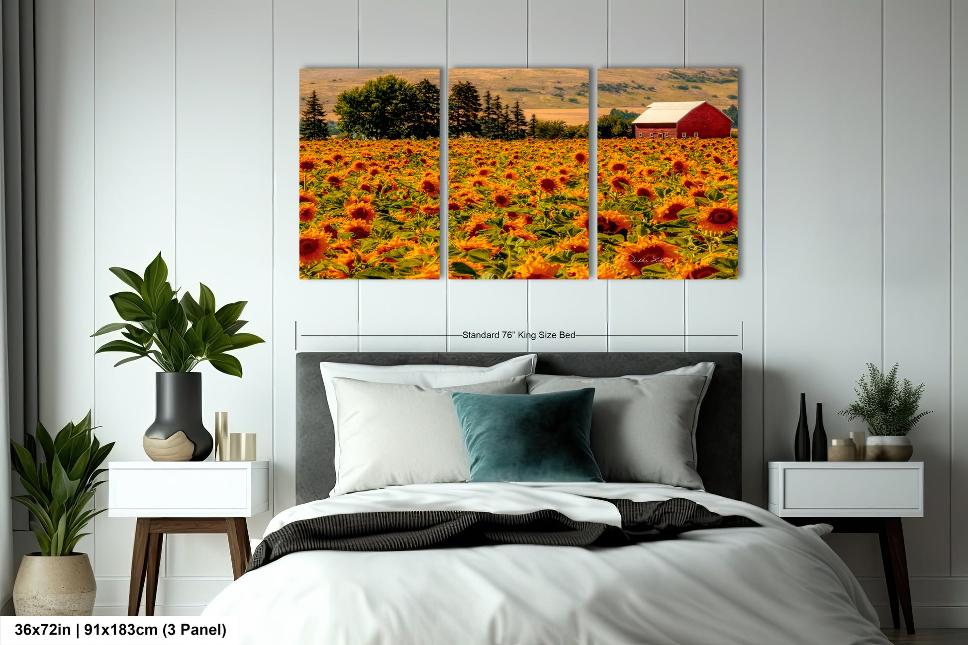 a bed room with a neatly made bed and two pictures on the wall