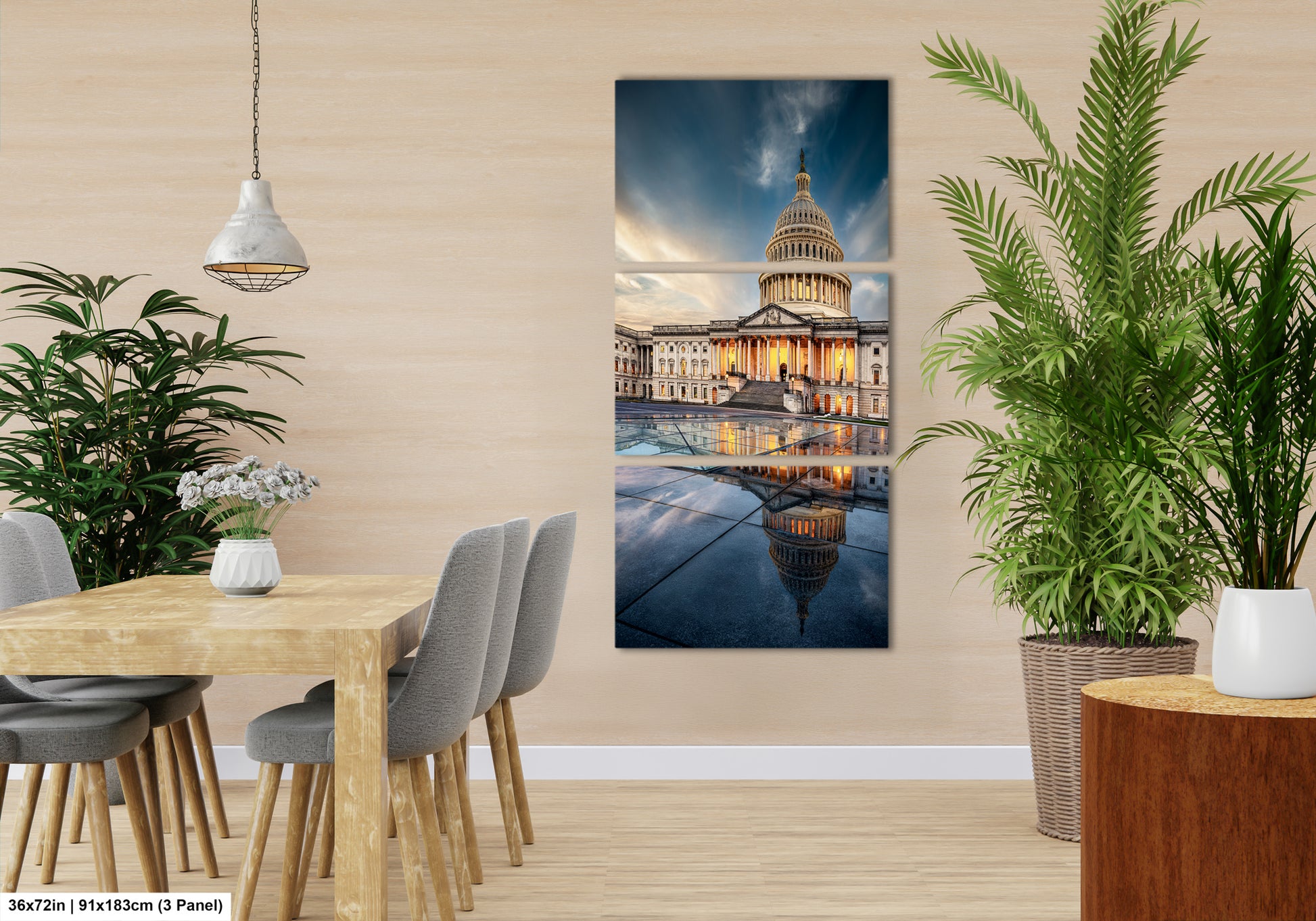 a room with a table and chairs and a painting on the wall