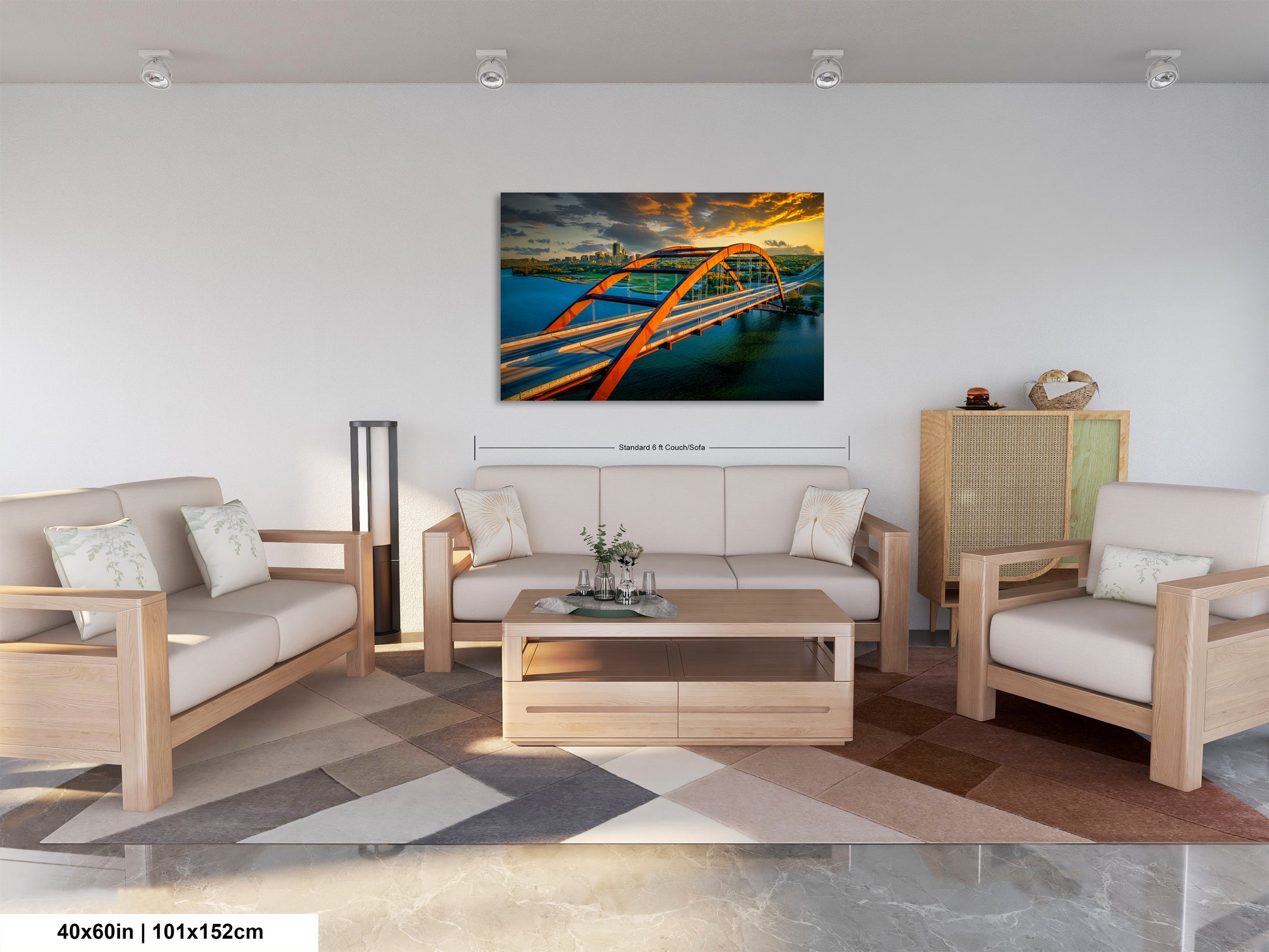a living room filled with furniture and a painting on the wall
