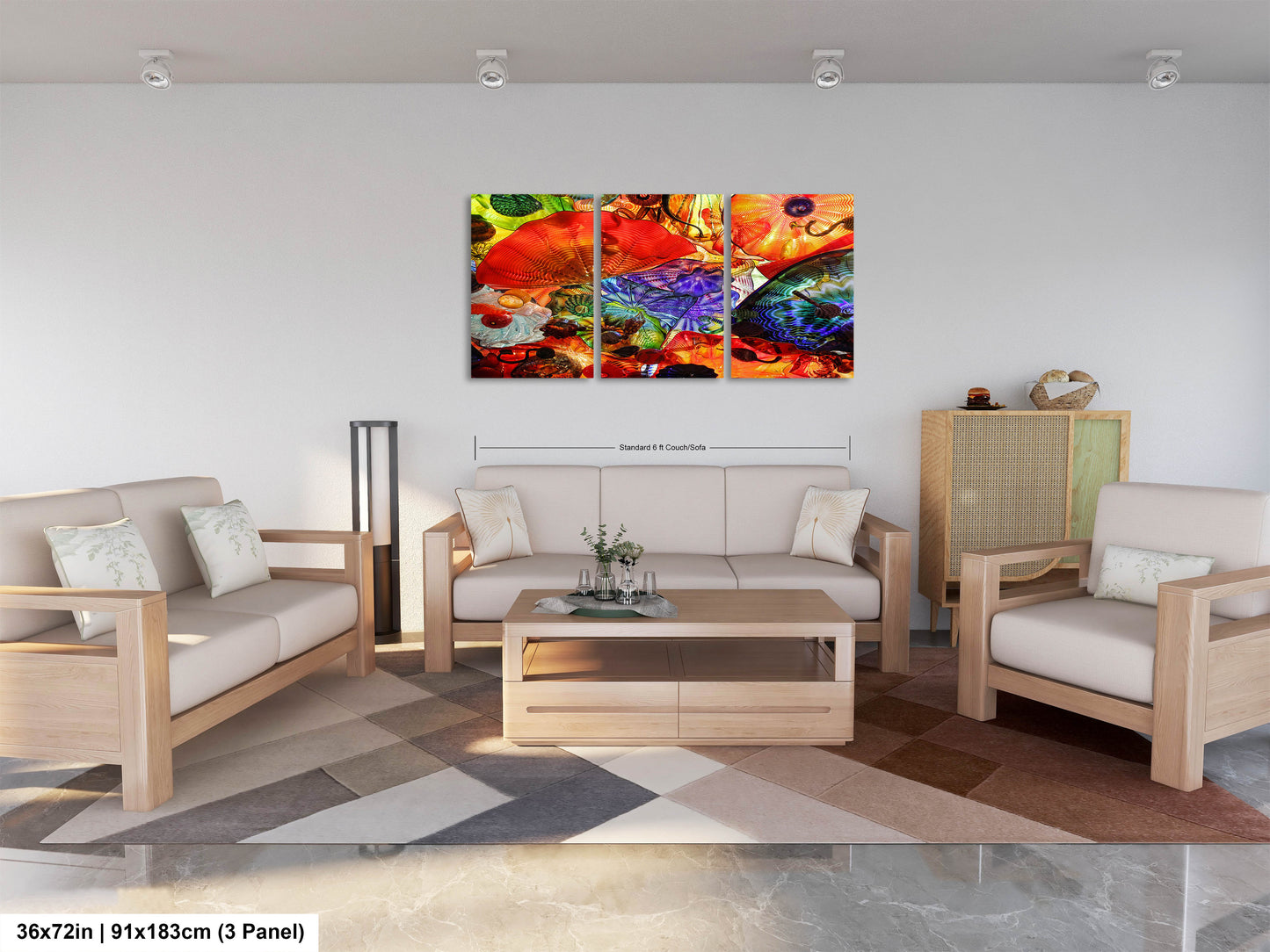 a living room filled with furniture and a painting on the wall