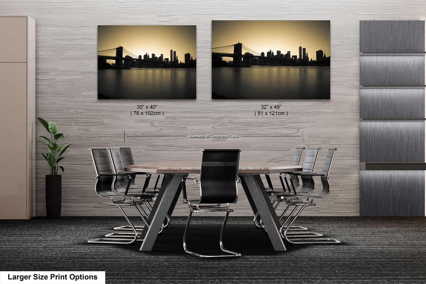 a dining room table with chairs and a picture of a city