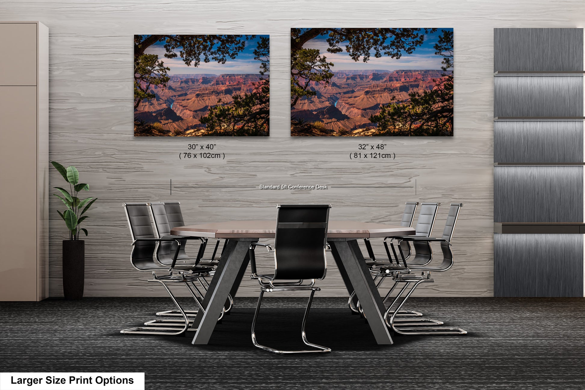 a dining room table with a view of the grand canyon