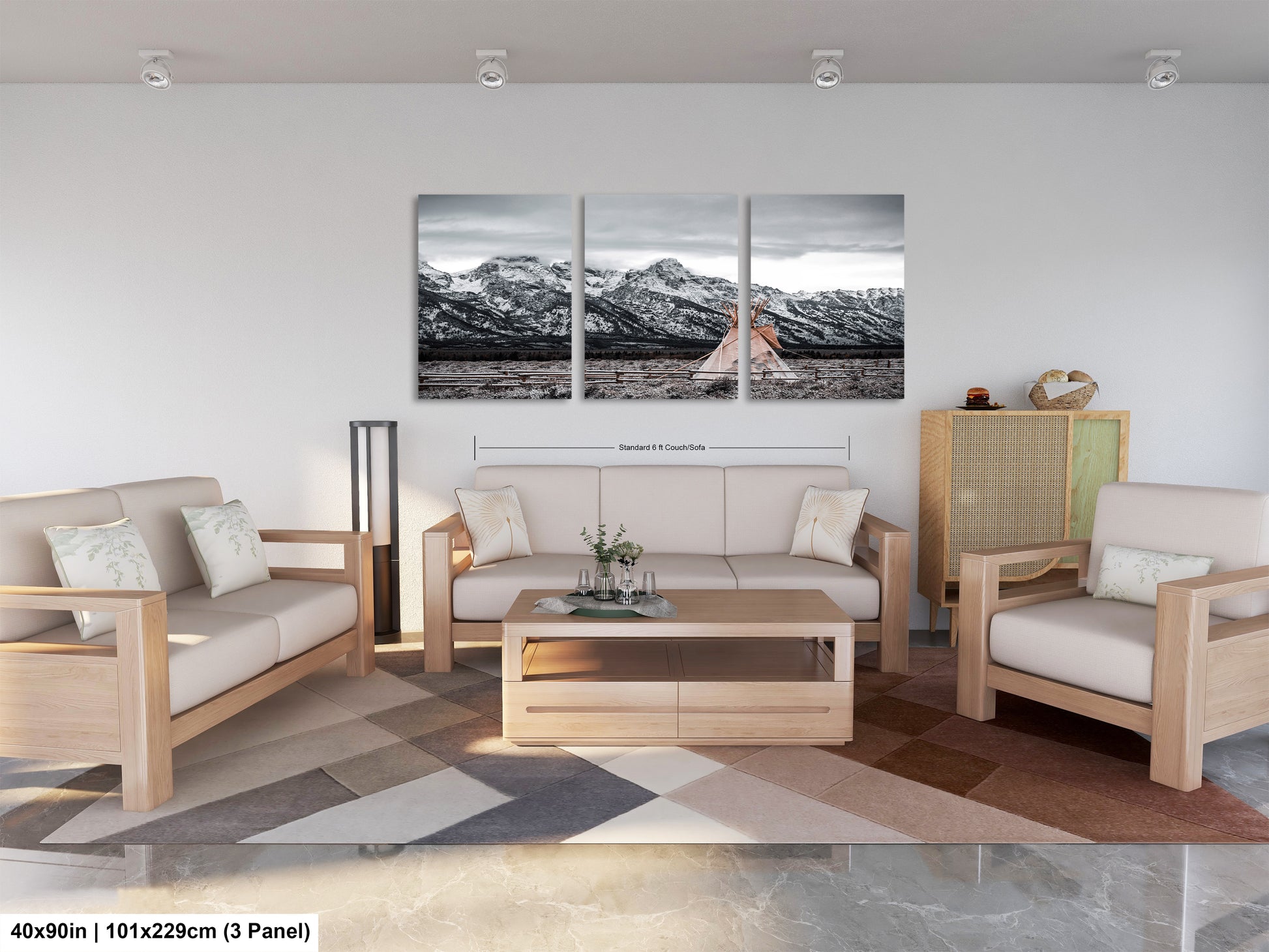 a living room filled with furniture and a painting on the wall