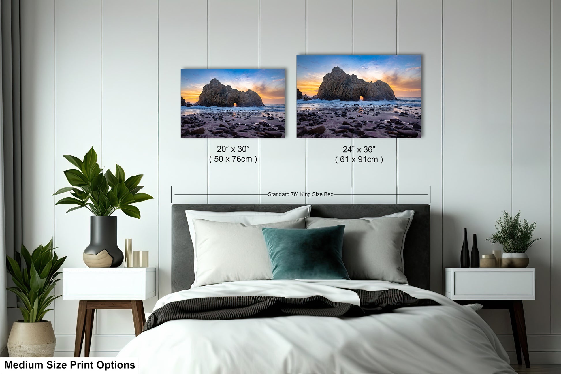 a bedroom with a bed and two pictures on the wall
