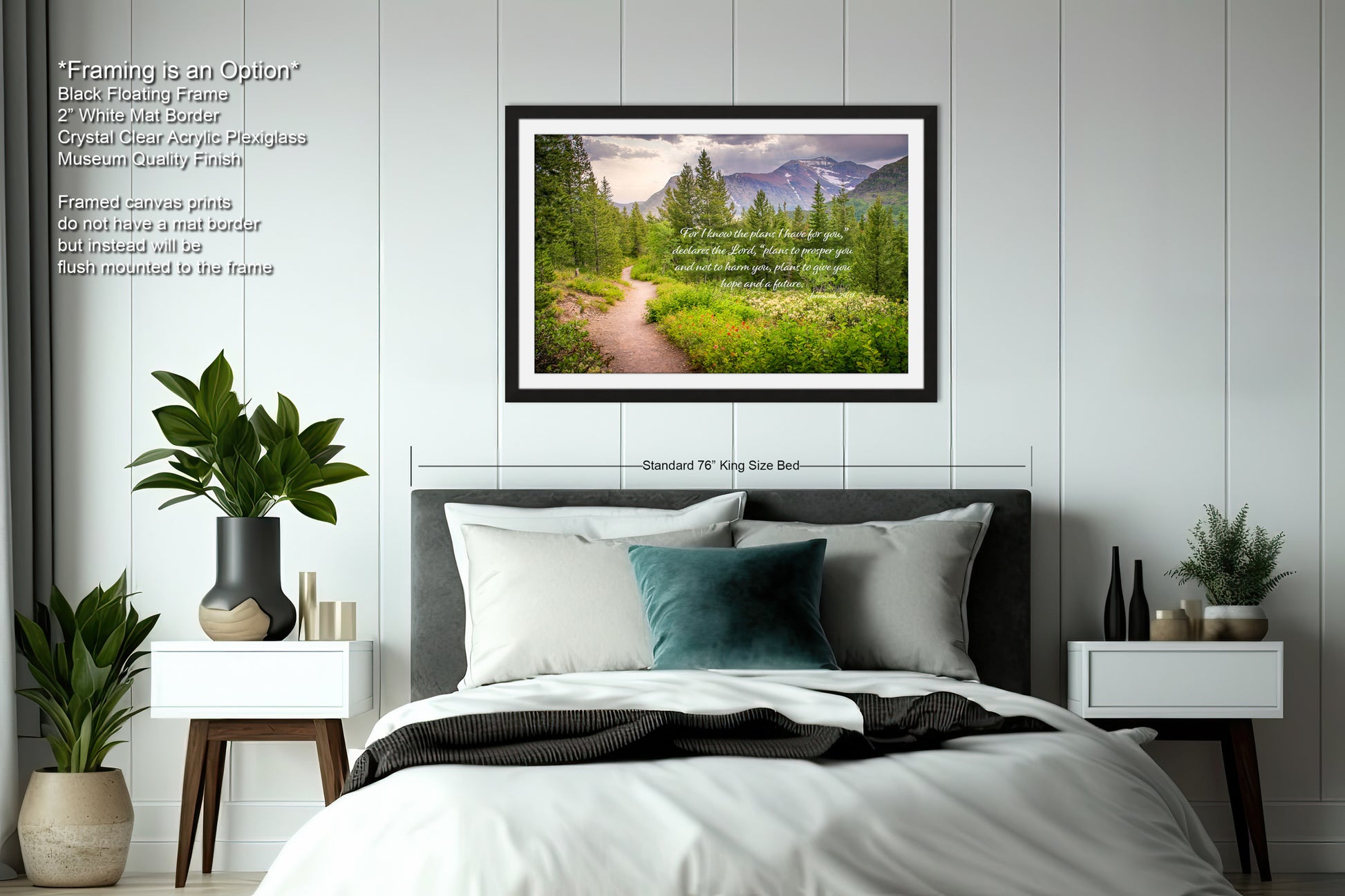 a bedroom with a bed and a picture hanging on the wall