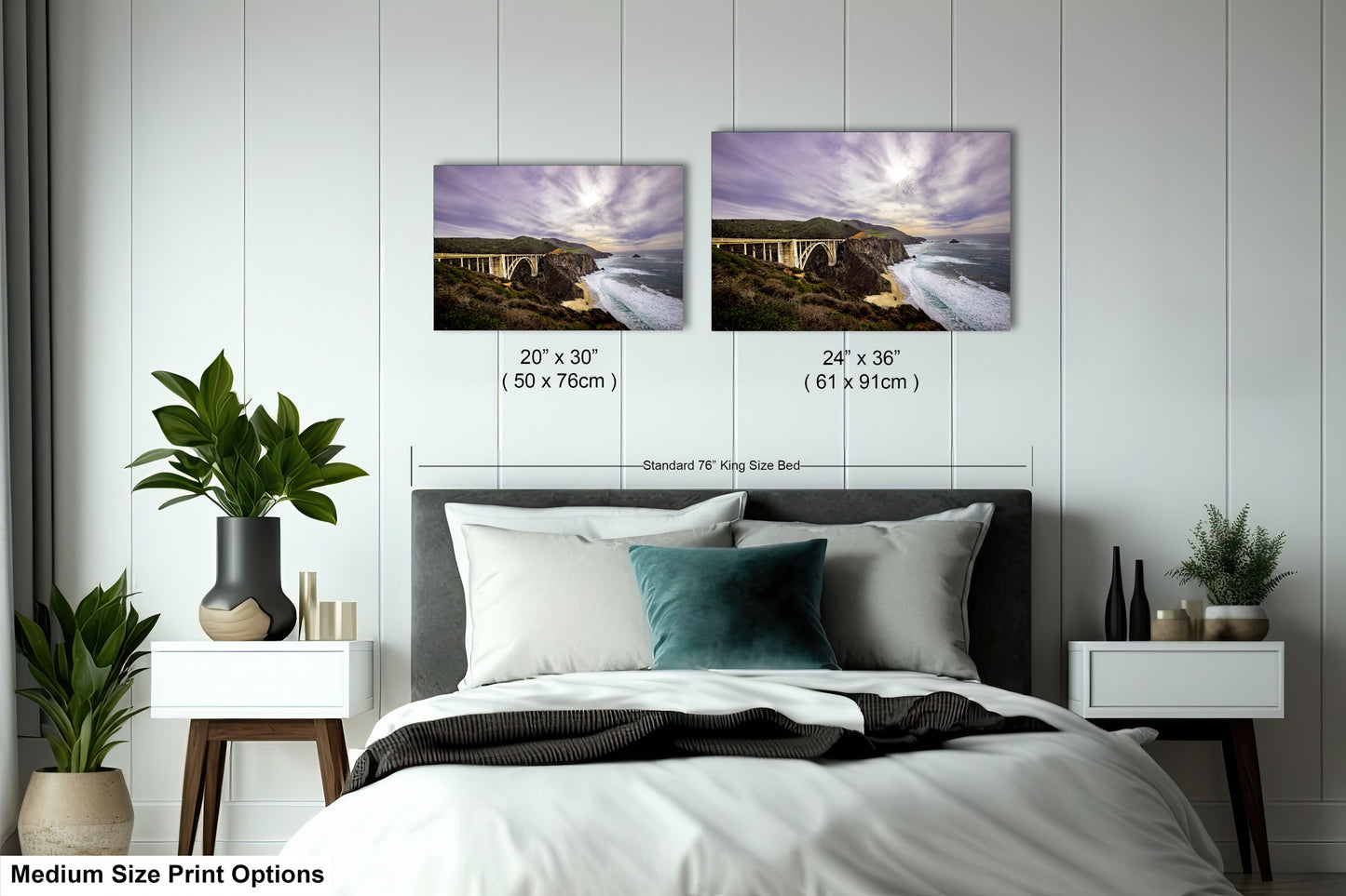 a bedroom with a bed and two pictures on the wall