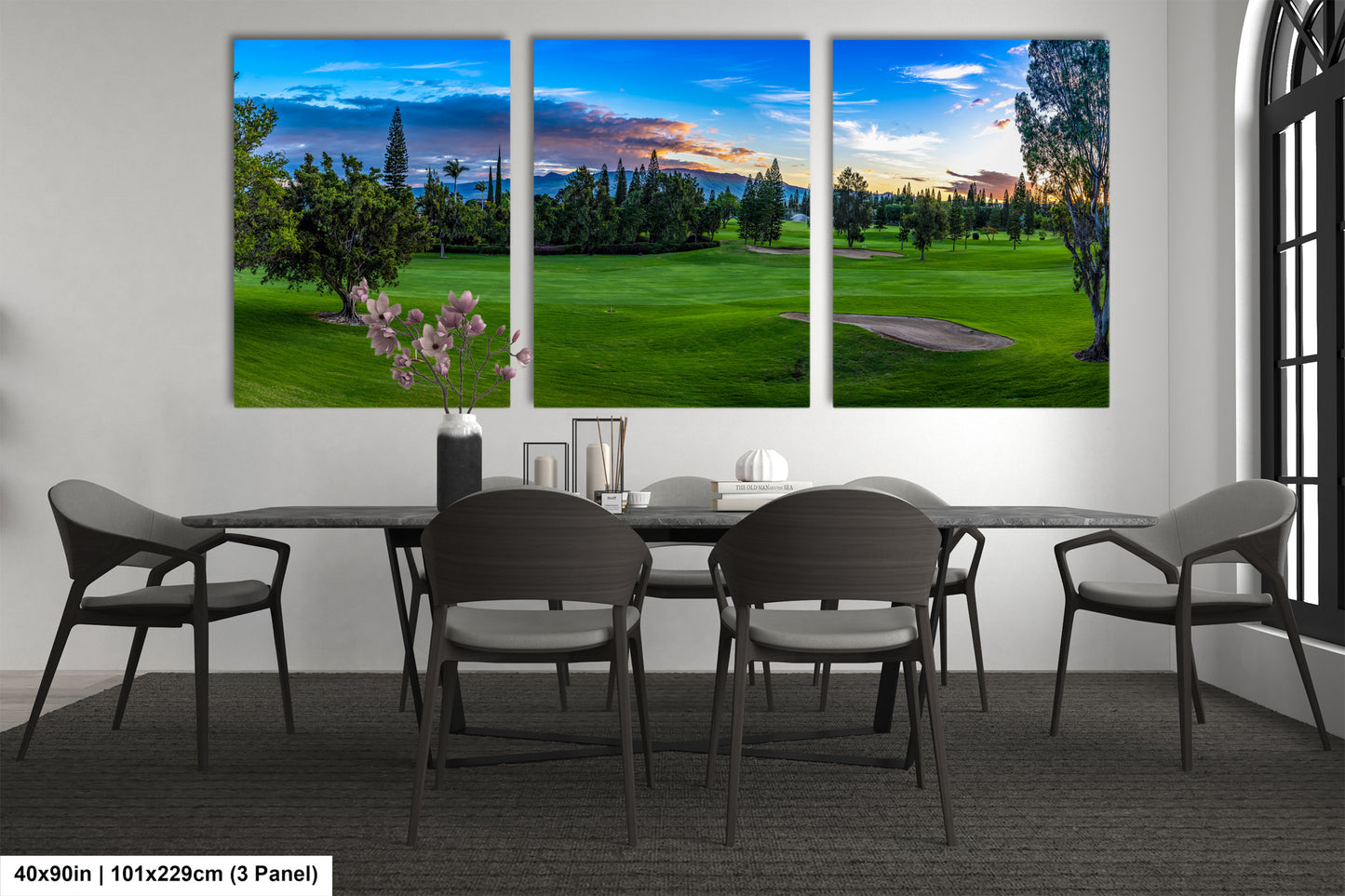 a dining room with a table and four chairs