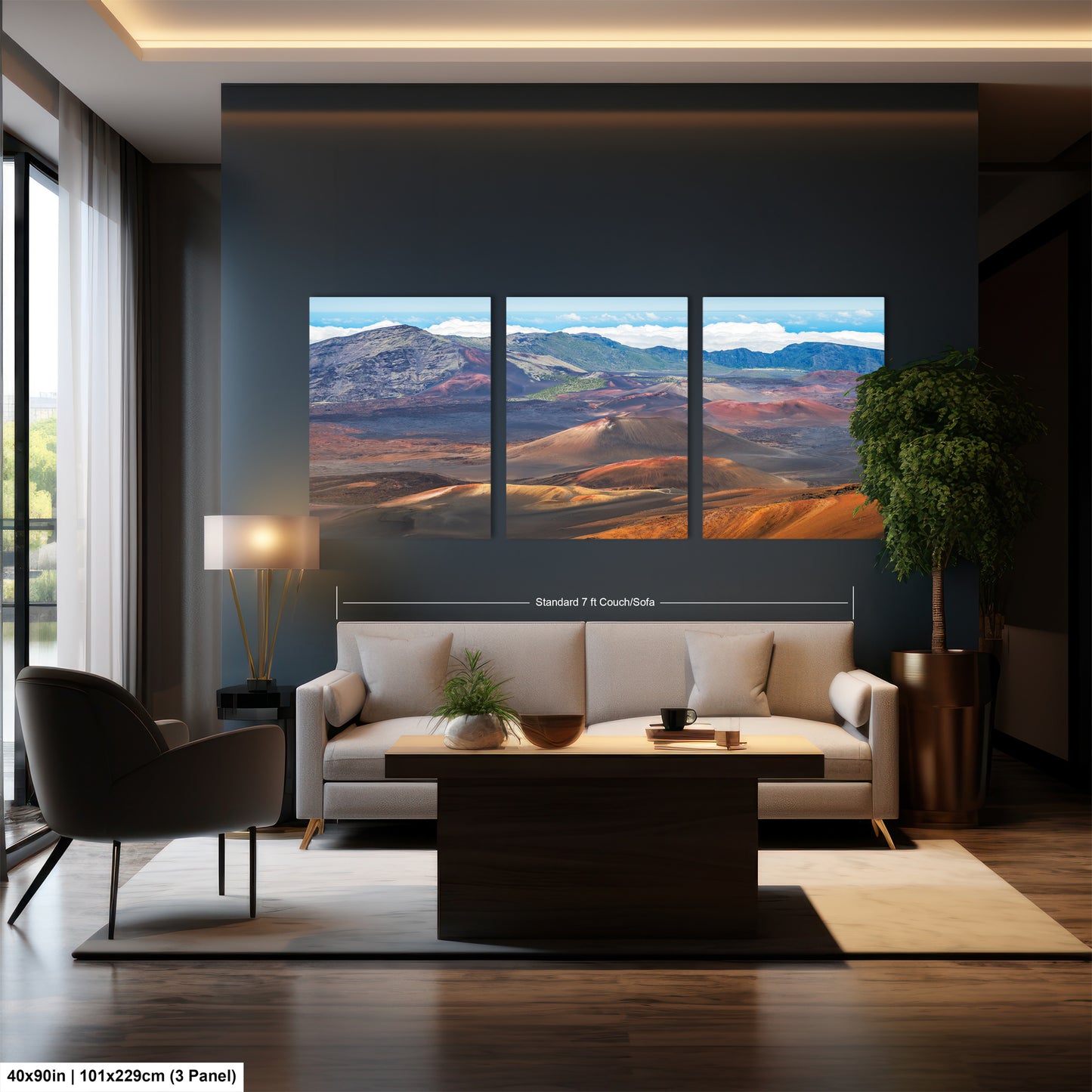 a modern living room with a large, three-panel landscape painting hanging on the wall. The painting features a desert landscape with mountains in the background. The room is furnished with a white sofa, a coffee table, and a potted plant. The overall design and decor create a serene and inviting atmosphere.