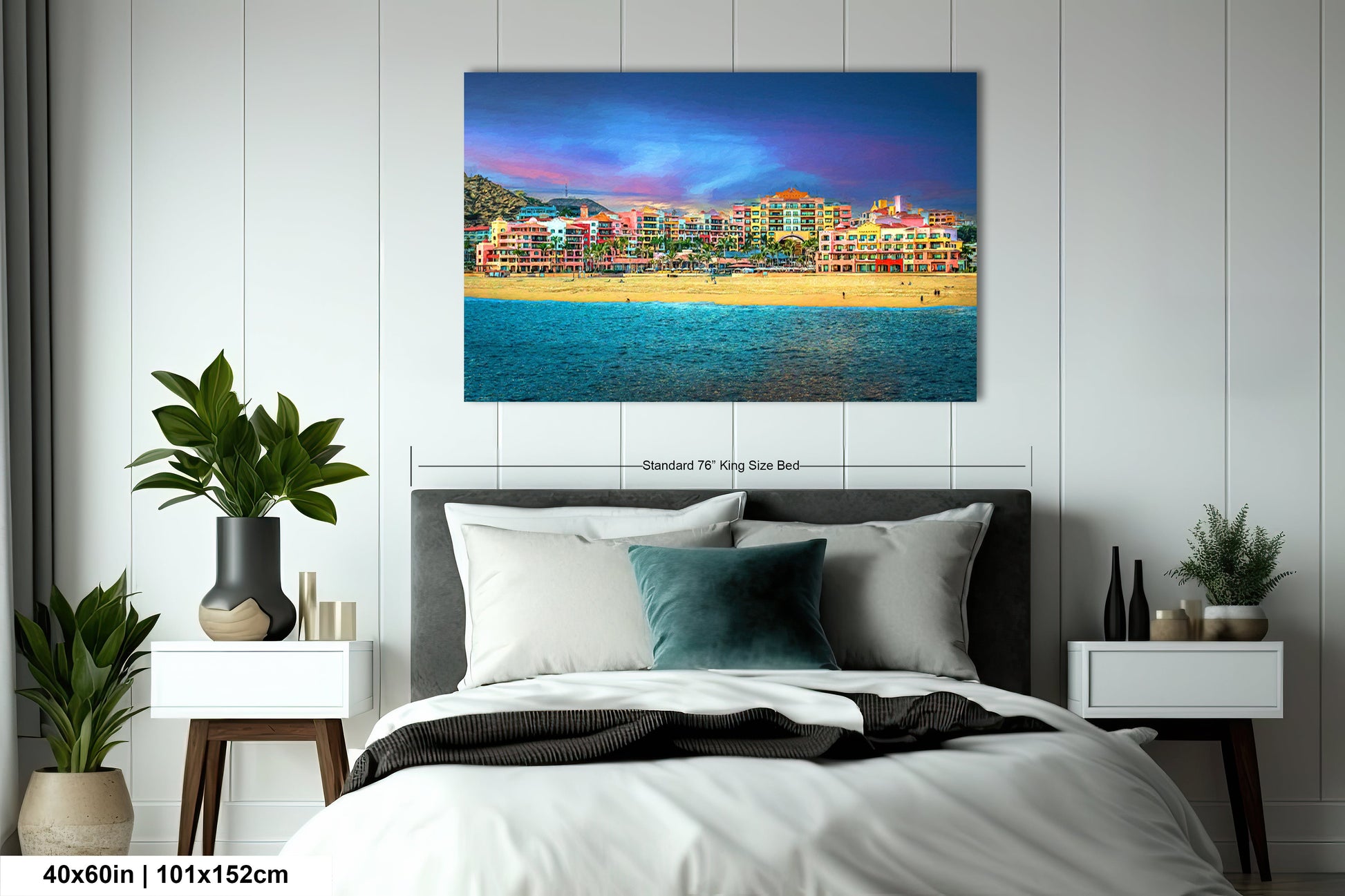 a bedroom with a bed and a painting on the wall