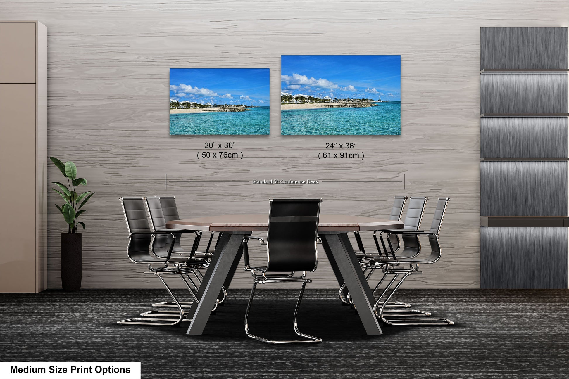 a dining room table with chairs and two pictures on the wall