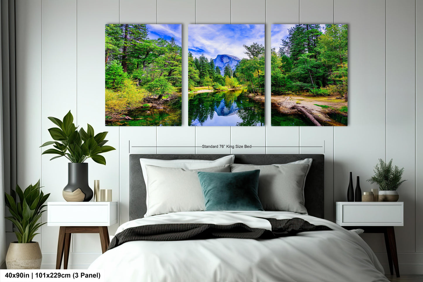 a bedroom with a bed and three paintings on the wall