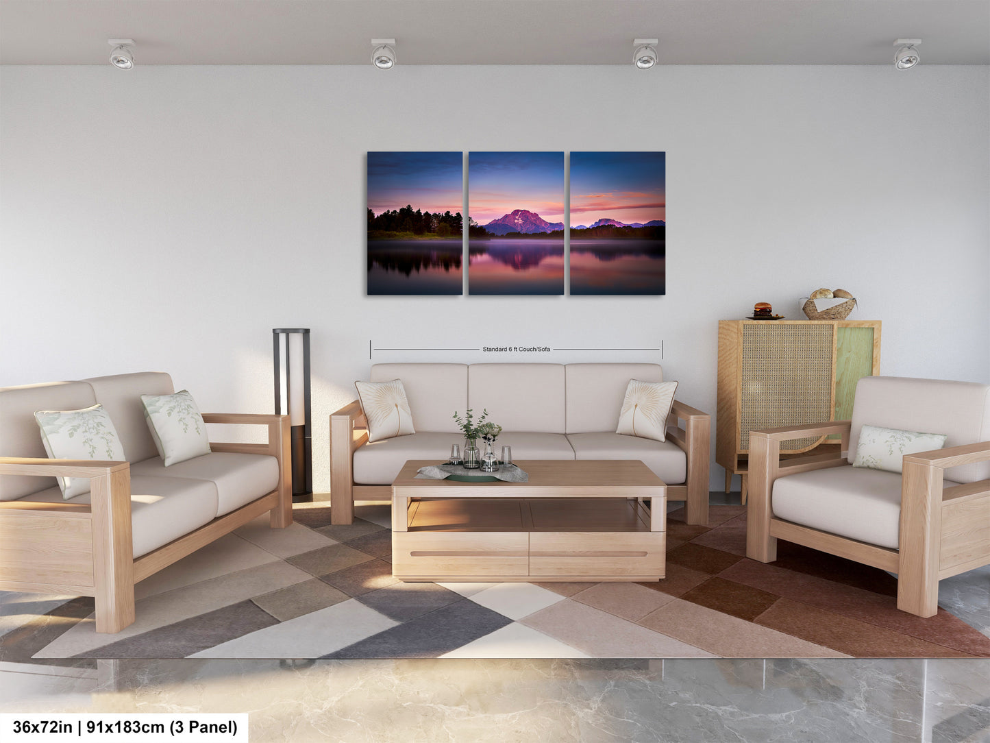 a living room filled with furniture and a painting on the wall