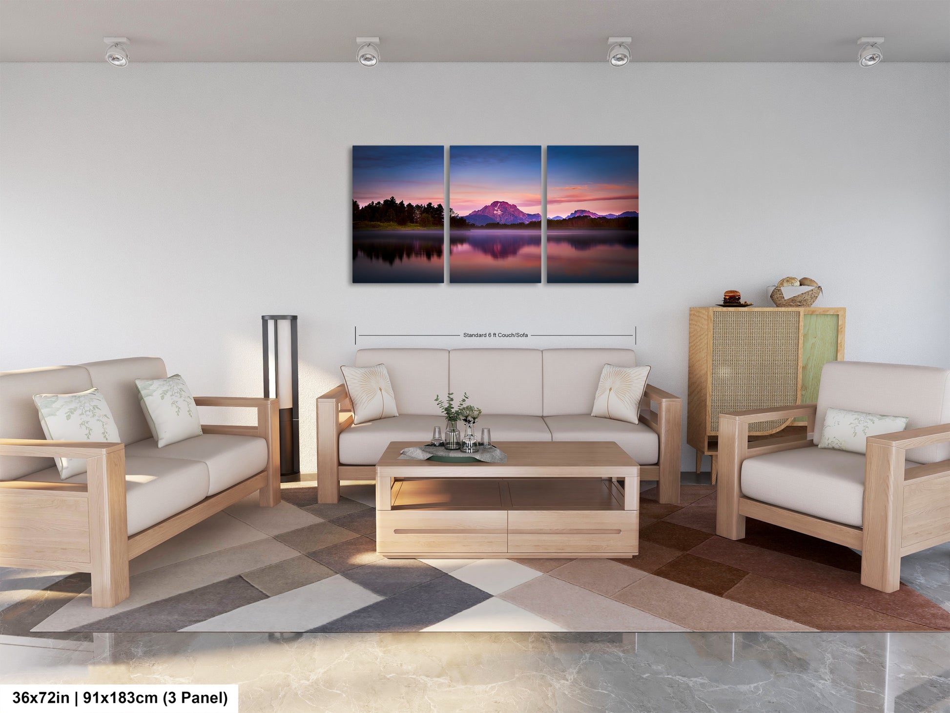 a living room filled with furniture and a painting on the wall